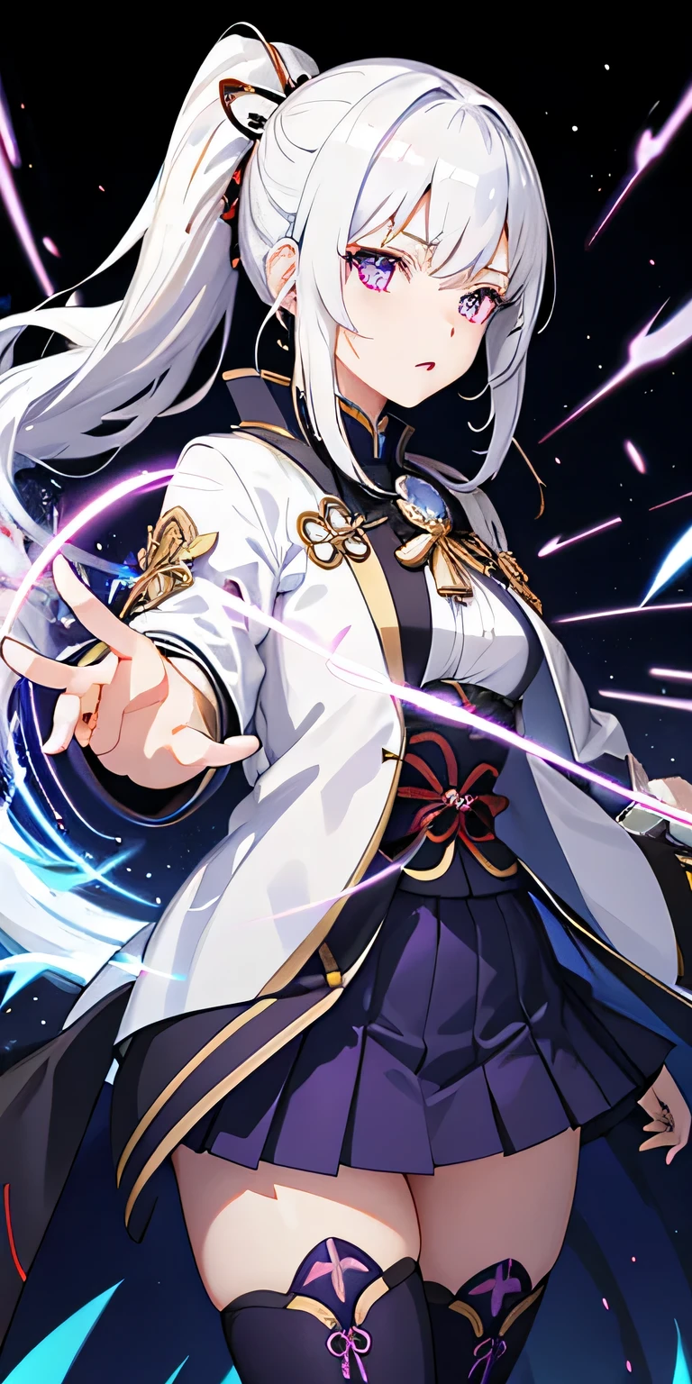 1girl, japanese clothes, ponytail ,white hair, purple eyes, magic circle, blue fire, blue flames, wallpaper, landscape, blood, blood splatter, depth of field, night, light particles, light rays, sidelighting, thighs, fate \(series\), genshin impact, ****, open jacket, skirt, thighhighs, cloud