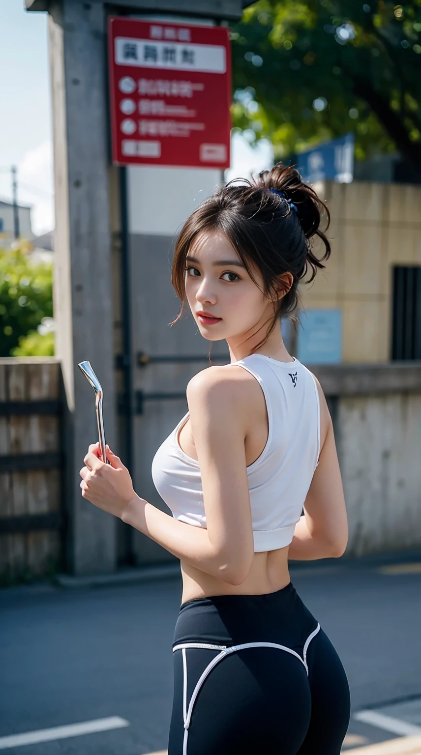 ((top quality、8k、​Masterpiece:1.3))、a tall and beautiful woman、Perfect body:1.4、Slim abs、dark brown hairstyle、short hair、Light gray yoga pants、No posture movement、stand up straight、huge bust、Highly detailed facial and skin textures、delicate eyes、double eyelids、face cold、Royal sisters with many fans、telegraph esbian、peach butt、trumpet sports、quarter、(original photo:1.2)、((photographic authenticity:1.4))top quality、​Masterpiece、revelation、Very delicate and beautiful.、Super detailed CG、Unite、8k photo wallpaper、Exquisite details、best quality、Highly detailed CG Unity 8k wallpaper、absurd、Extremely ridiculous、File size is huge、Extremely detailed、high resolution、Very detailed、Beautiful details girl、极其delicate eyes和脸部、Beautiful and delicate eyes、face light、light、1 girl、see through,Observe your audience,outdoor,Sunny and cheerful、high ponytail、a sporty girl、ulzzang-6500、telegraph esbian、yoga clothes、sports girl、Gym、Tranning、exercise、mechanical