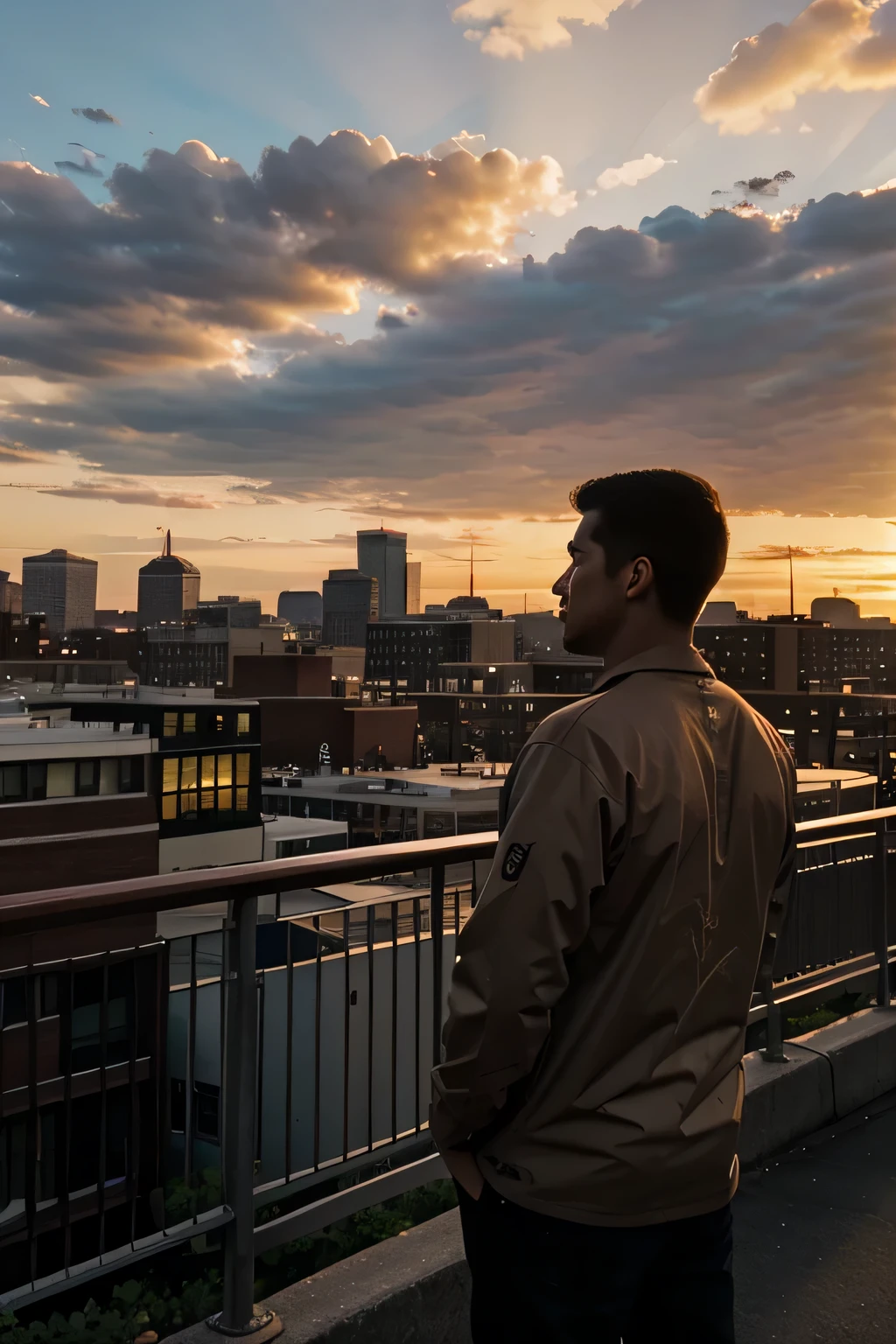 masterpiece, man looking at sunset in boston city