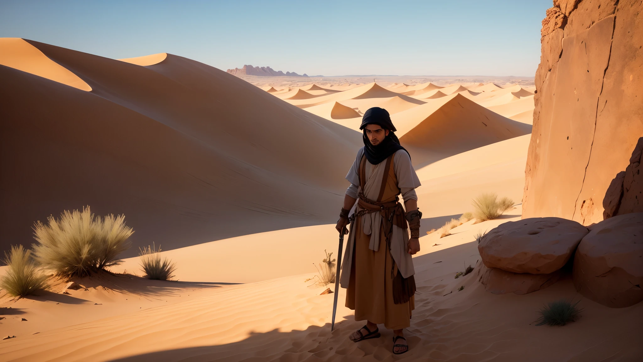 Art Prompt:

Title: "Forging Faith in the Desert Sands"

Description:
In the vast desert sands surrounding Mecca during the 9th century, a modest blacksmith shop emerges amidst the arid landscape, its presence a beacon of industry and craftsmanship. Here, amidst the golden dunes and shimmering heat, a young Arab ???, resembling a youthful Khaled Zahabi, stands before an ancient forge, diligently forging a sword.

Dressed in traditional desert Arab attire, the young blacksmith embodies the spirit of resilience and determination that defines the people of the region. With focused eyes and steady hands, he works the glowing metal with precision, each strike resonating with the echoes of generations past.

The blacksmith shop itself is simple yet sturdy, constructed from weathered stones and timbers collected from the surrounding desert. Inside, the air is thick with the smell of burning charcoal and the sound of clanging metal, creating a rhythmic symphony that harmonizes with the desert winds.

Outside the shop, the vast expanse of the desert stretches endlessly into the horizon, its golden hues illuminated by the warm glow of the setting sun. Despite the harshness of the environment, life thrives here, sustained by the resilience and ingenuity of its inhabitants.

As the young blacksmith continues his work, shaping and tempering the metal with care, he channels the spirit of his ancestors, forging not just a sword but also a testament to the enduring strength and faith of the desert people.