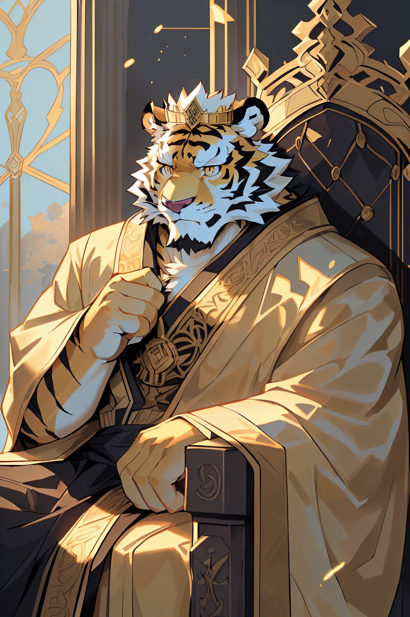 (A golden and white furred tiger wearing a golden robe sits on a throne),Golden Tiger Robe, God Emperor of Humanity, ,(Wearing a golden robe),king&#39;s portrait,16k,High quality detailed art,《Genshin》Morax,((disney style)),((Cartoon)),(Gold and white skinned tiger:1.1),(((white and gold fur:1.2))),((Various shades)), (The two eyes are not the same color，Pupils of different colors，One is golden，The other one is blue:1.5),(muscular body:1.1),perfect eyes,Handsome,(nice),palace background,(Wearing the ancient emperor&#39;s crown:1.2),(非常Detailed face:1.5),(HD),(perfect masterpiece),(Close up:1.3),.(Different pupils),(Detailed face:1.6),(Look down on everything:1.5)