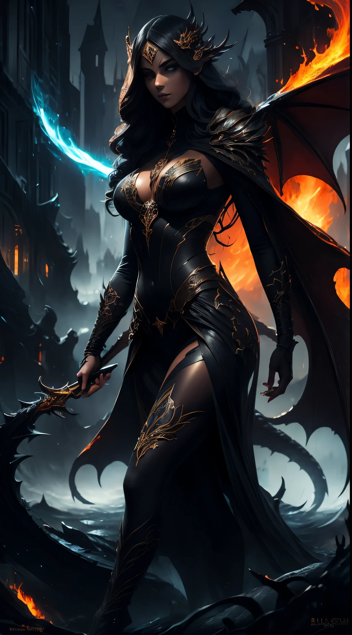 Tatti 23 is a dark elf woman out of the water, rain, Dark light, Nice legs, nice perfect face with soft skinice perfect face, Concept art portrait by Greg rutkowski, Full-body art, Full body photo, Art germ, Ultra-detailed and intricate Gothic art trends in Artstation ternary colors, Fantastical, intricately details, Splash screen, Complementary colors, fantasy concept art, Dragon theme, Epic flames, 8K resolution, gothic deviantart masterpiece, Oil painting, Heavy strokes,