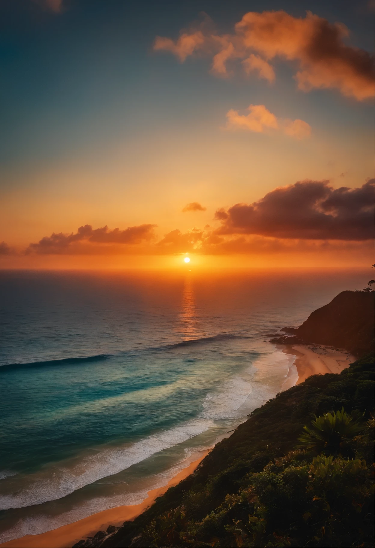 01 lindo por do sol sendo visto de uma montanha com o mar ao fundo
