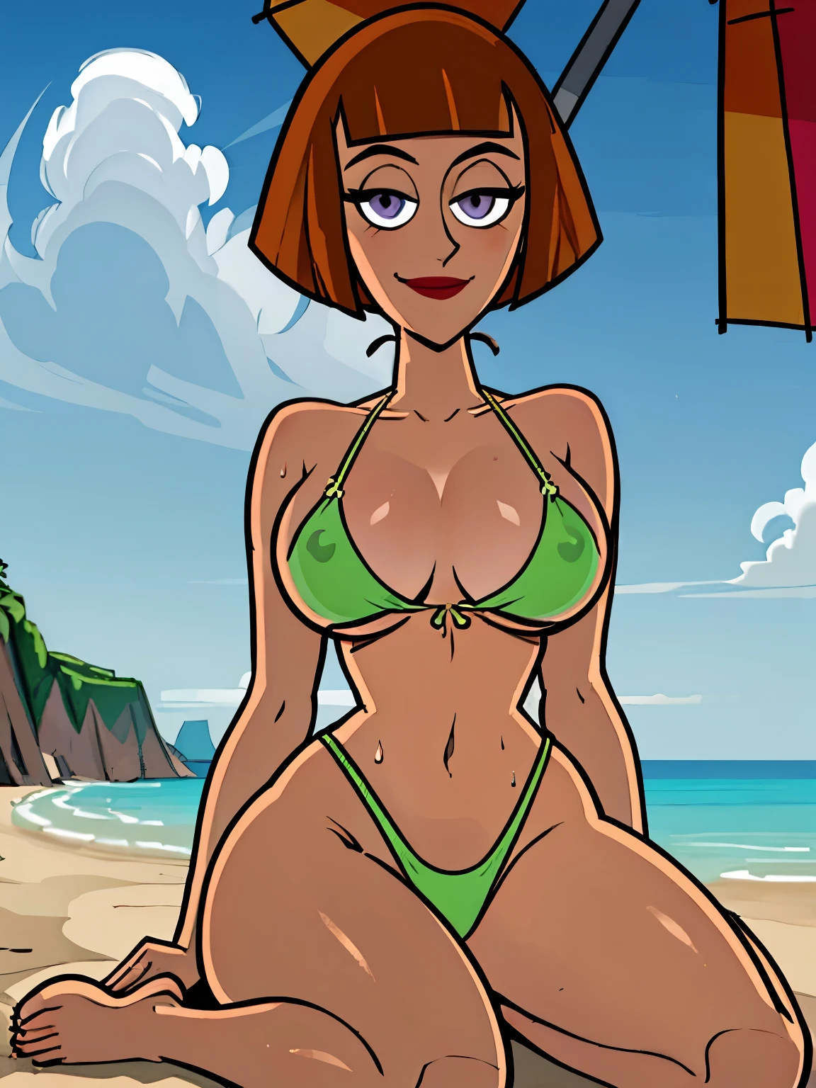 (masterpiece, best quality:1.2), Danny Phantom, 1girl, solo, looking at viewer, large breasts, wide hips, makeup, breasts, large breasts, orange hair, short hair, crossed legs, smile, sitting, outdoors, beach, day, looking at viewer, wariza, sky, closed mouth, blue sky, umbrella, cloud, sand, seiza, beach umbrella,clivage ,((gstring bikini)),((wet skin))