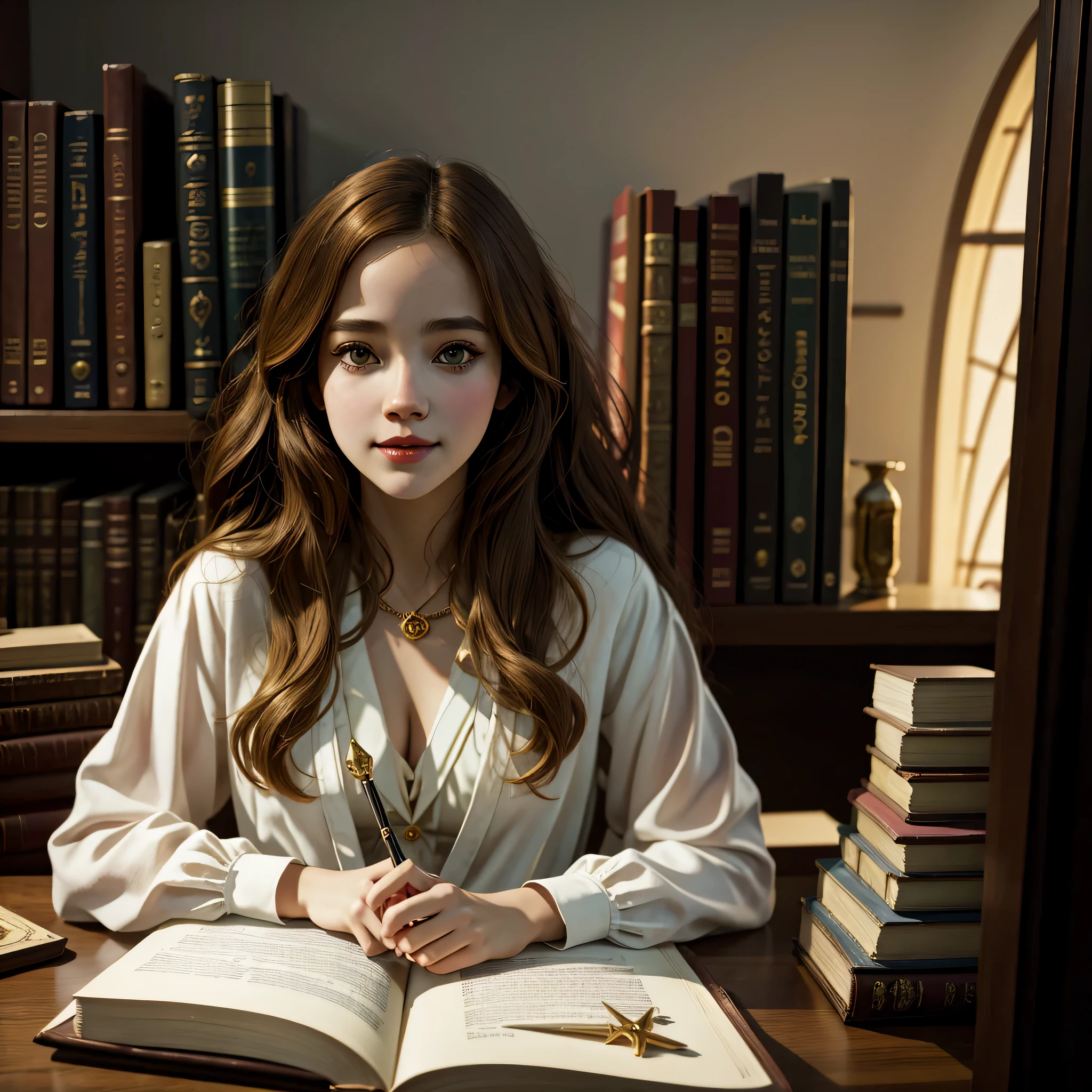 Hermione Granger at 25 years old, studies in the Hogwarts library, sitting at a table in front of a pile of books,, ((((1girl: 1,5)))), short wavy hair, instagram pose, full body, complex, seductress, smiling, small breasts, at night, Highly detailed, digital painting, ArtStation, Concept art, smooth, sharp focus, illustration, Illustration by Wlop, Charlie Bowater and Alexandra Fomina