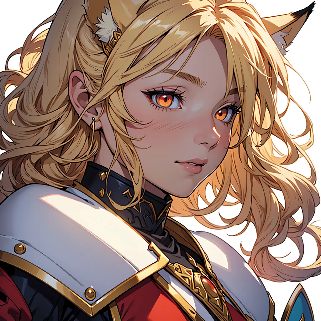 medieval anime art, masterpiece, best quality, by professional artist, female, solo, 1girl, portrait, profile, detailed composition, detailed eyes, (((white background))), curly blonde hair, fox ears instead of human ears, wearing red heavy armor, fantasy armor, glowing white eyes
