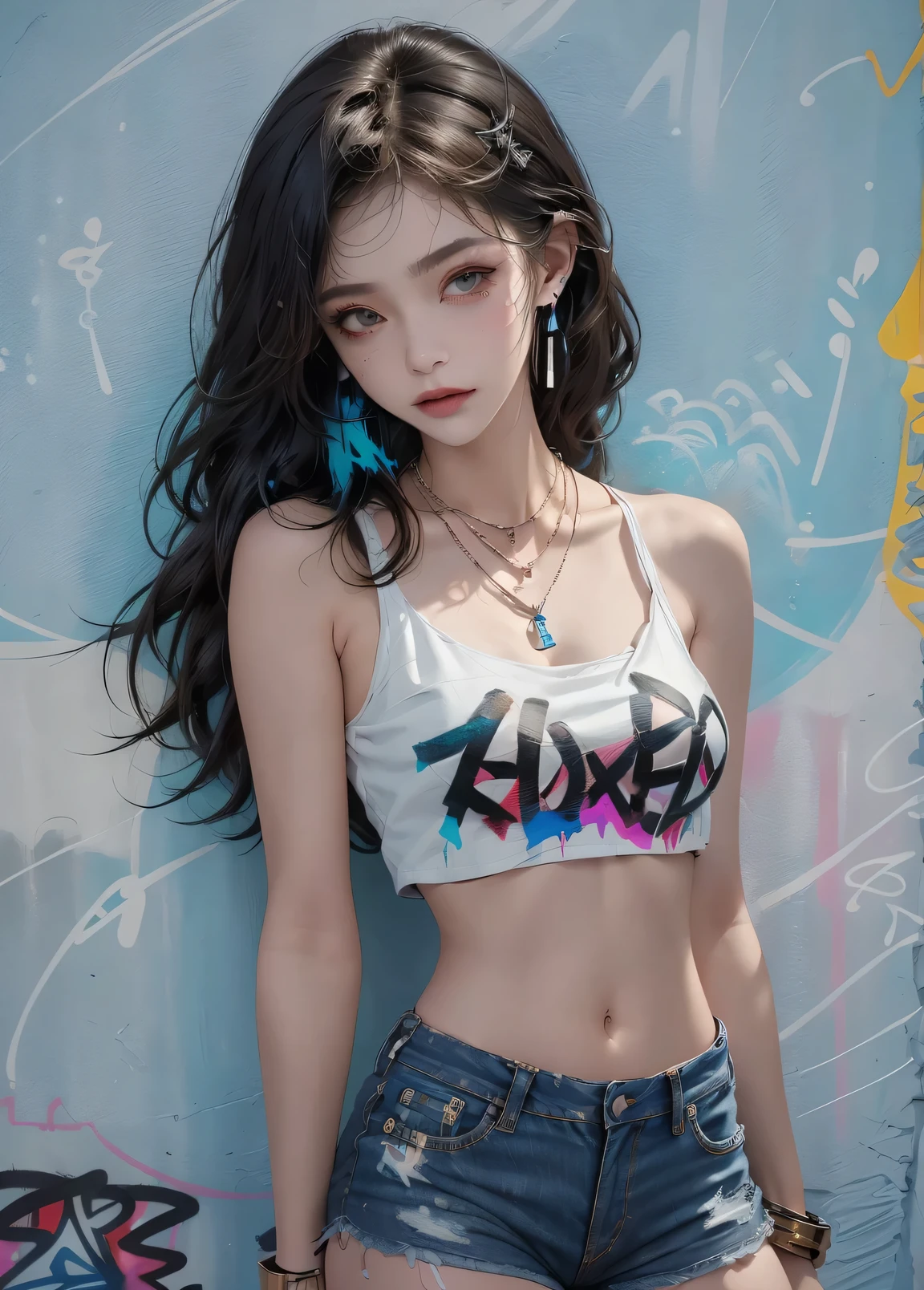 masterpiece, best quality, 1 sister, alone, women's shirts, Denim shorts, necklace, (Graffiti:1.5), paint splatter, Put your arms behind your back, leaning against wall, looking at the audience, armband, thigh strap, Painting body, head tilt, having fun, hair color, aqua eyes, earphone,graffiti wall