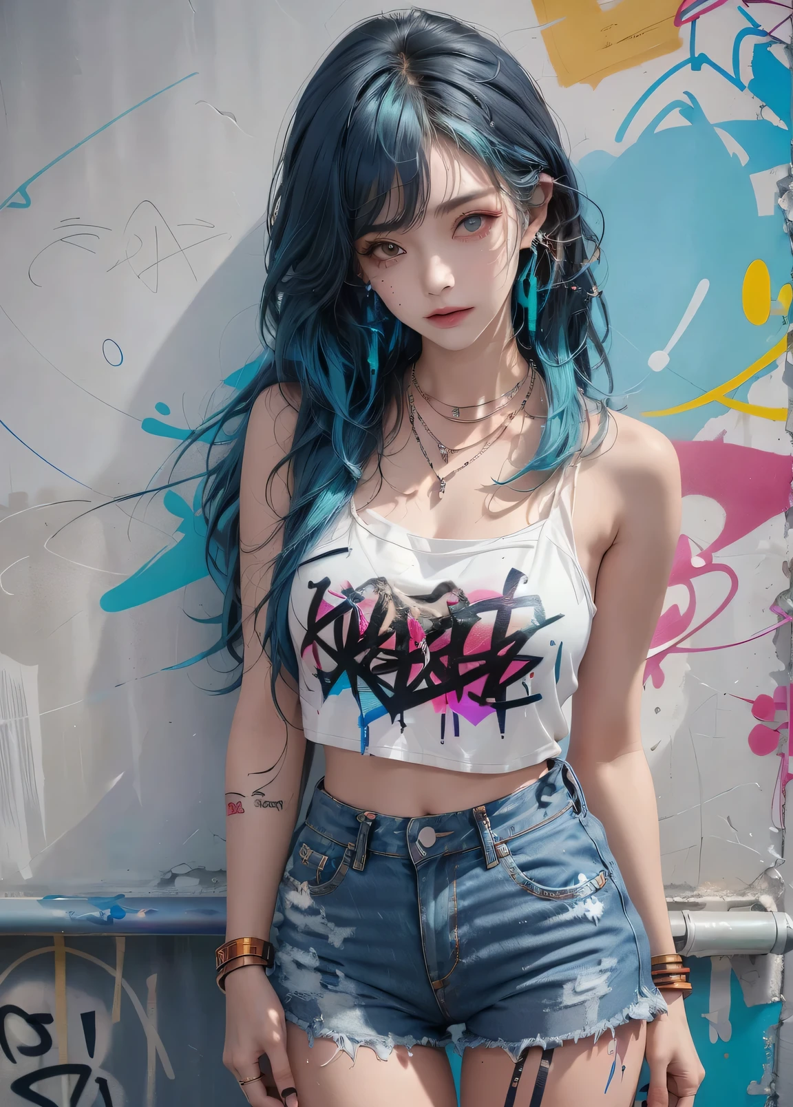 masterpiece, best quality, 1 sister, alone, women's shirts, Denim shorts, necklace, (Graffiti:1.5), paint splatter, Put your arms behind your back, leaning against wall, looking at the audience, armband, thigh strap, Painting body, head tilt, having fun, hair color, aqua eyes, earphone,graffiti wall