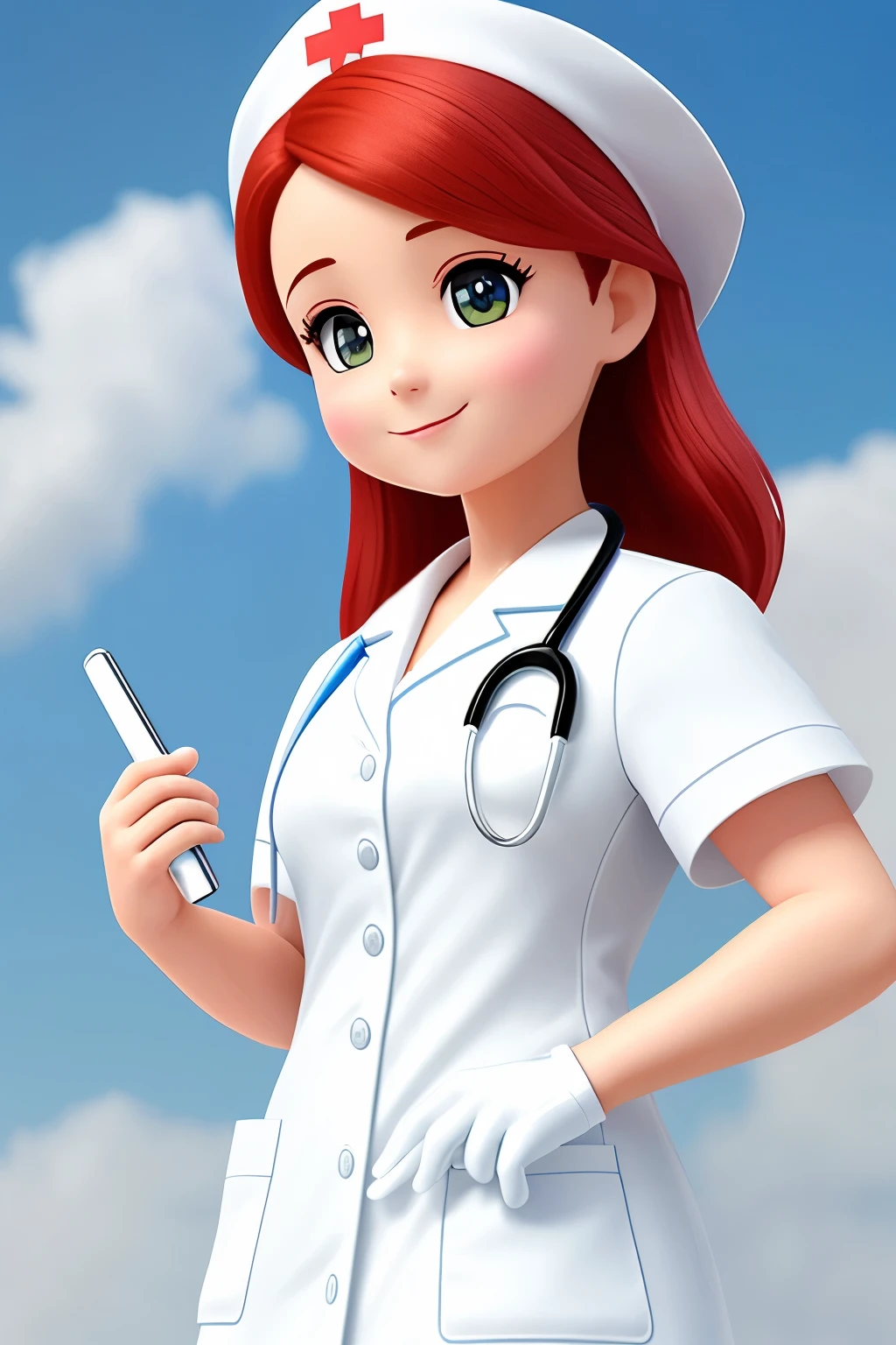 A hyper-realistic 3D chibi of a Brazilian nurse with vivid red hair stands proudly on a super white, fluffy cloud, her stethoscope slung around her neck and a clipboard in hand, both essential tools for her profession. Clad in her pristine white coat, which represents her work uniform, she exudes a warm and welcoming smile, radiating confidence and care. The intricate details of her uniform are on full display, with every crease and fold accentuated in hyper-realistic detail. The cloud beneath her feet is rendered in such a way that it appears soft and inviting, as if beckoning her to float on it. The scene is bathed