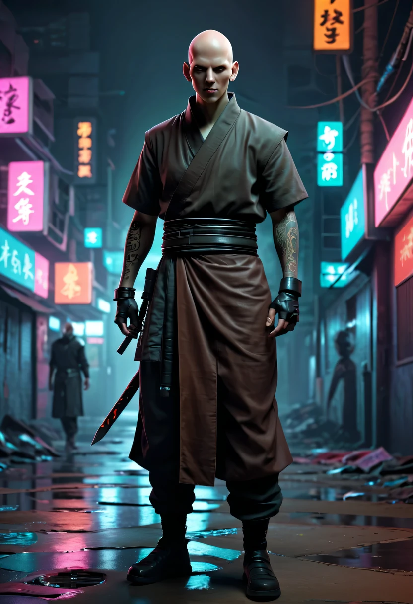 sh4g0d style cyberpunk killer,bald,monk