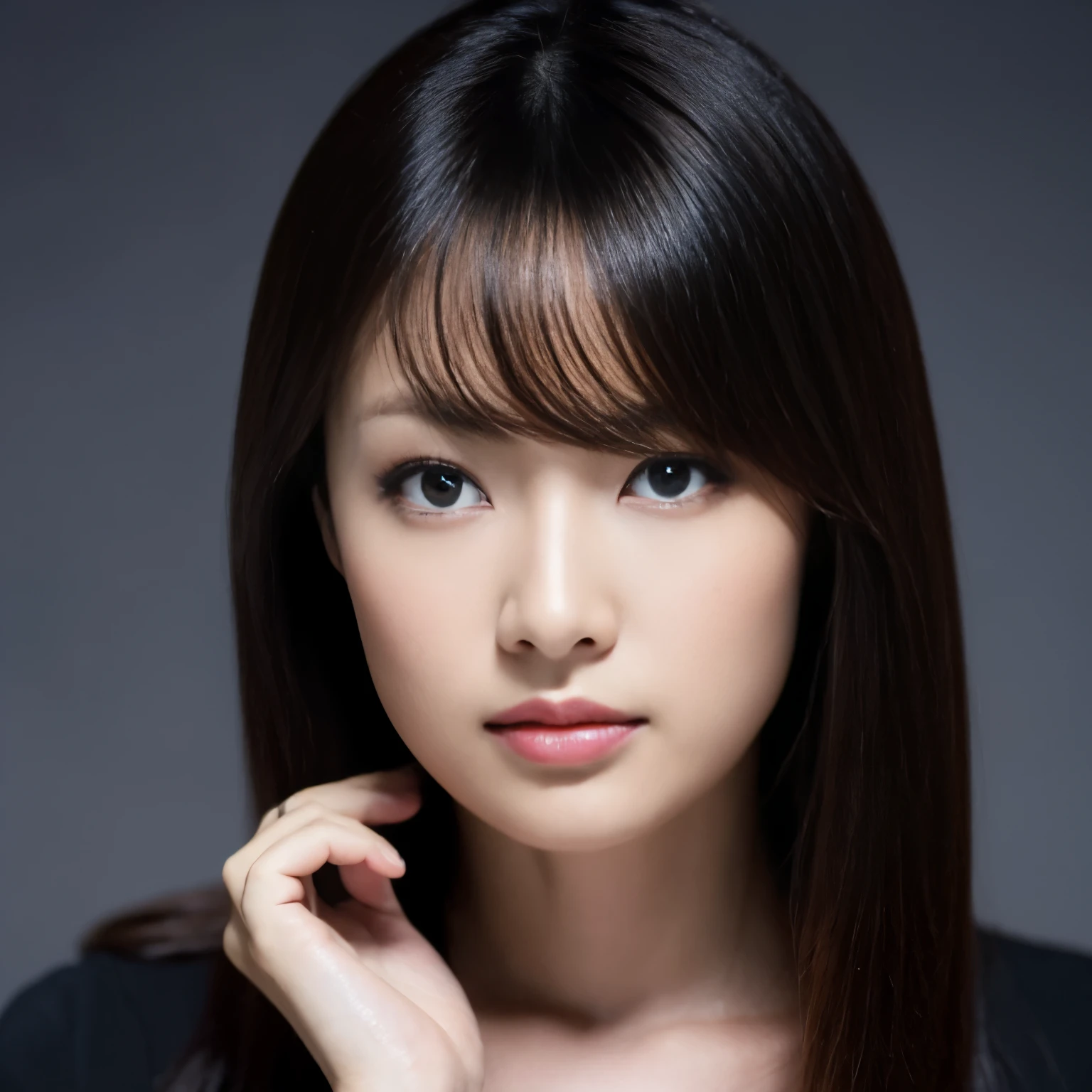 (top quality、high resolution、1 girl in、upper part of body、Bankruptcy、car body front、The whole head、shut up、The light on the face、face shadow)original photo、Shiny hair、black hair、feminine、shiny skin、black eyes、sharp vision、high nose、Heavy makeup、slender eyes、Japanese、delicate eyes、Japanese、bright photos、black clothes、Potrat、simple background、background bokeh