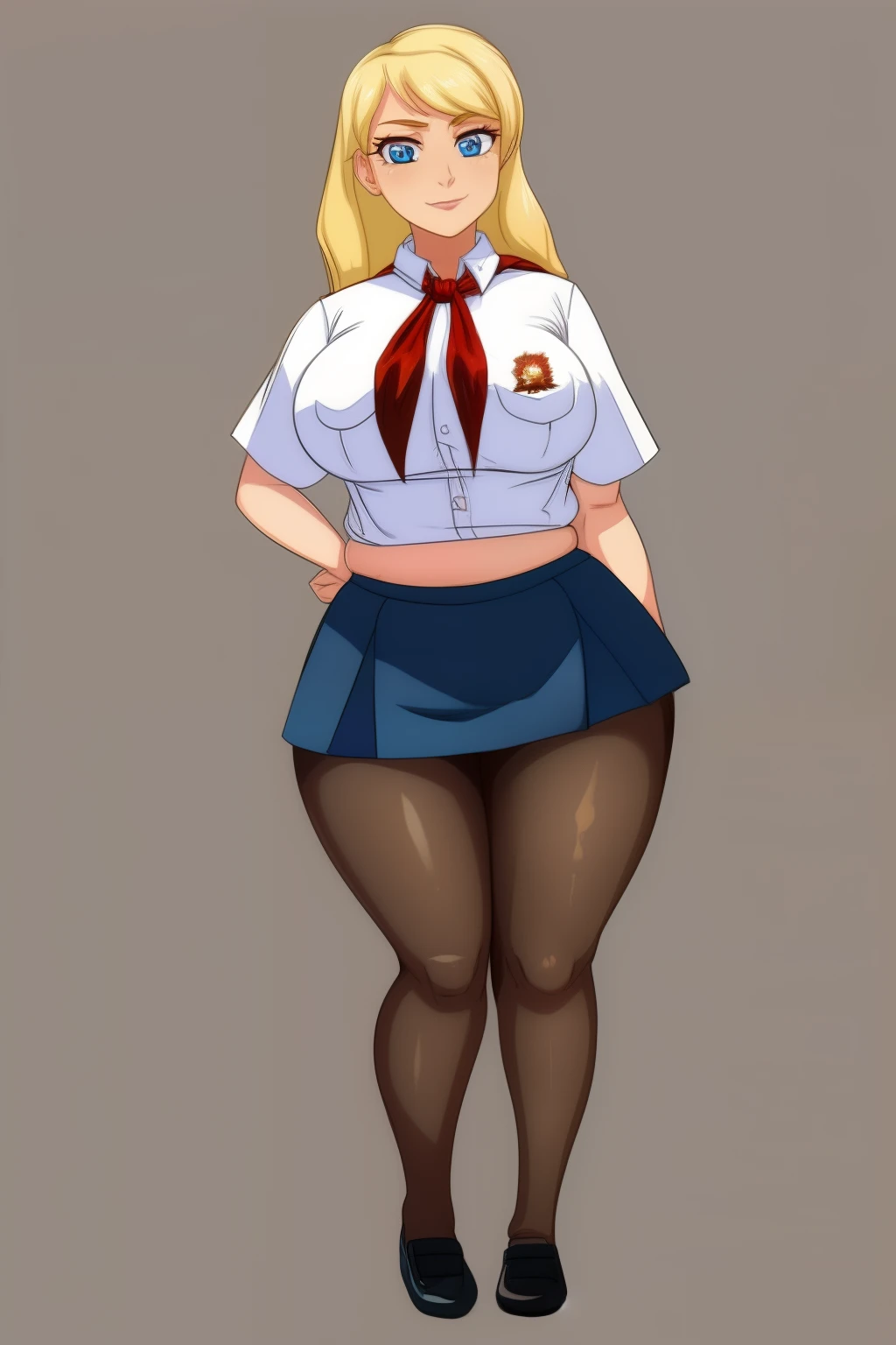 ((masterpiece)), ((detailed)), ((8k wallpaper)) , ((best quality)), ((UHD)), ((perfect quality)), ((detailed eyes)), ((full body photo)), sl, ((solo)), (blonde long hair), (single braid), blue eyes, (front view), pose: (standing, (squeezing belly), shy pose)), full body photo, face : (very plump face, very plump cheeks, round face, (blushed), perfect face, (red cheeks), (worried), (obsessed), detailed face, ashamed, shy), figure : ( (very chubby), very thick, (big breasts), (big deep navel), sexy, (sexy curves), (fat rolls), cellulite, belly rolls, (belly bulge), (wide waist), curvy, (very fat ass), (very chubby belly), (very chubby belly bottom), very fat thighs, wide hips), clothes :( (tight blue miniskirt), tight white shirt), (miniskirt straining against her belly) (white shirt covering her belly)