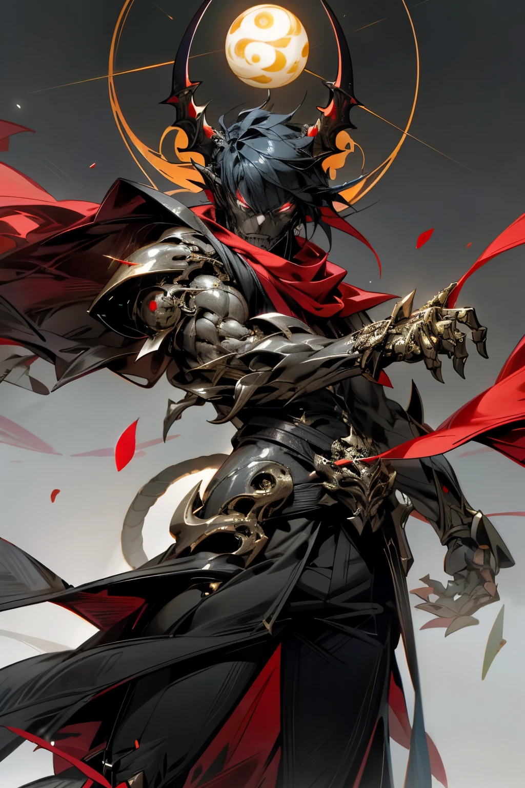 "In the heart of the night, a thousand-eyed dark dragon awakens, its ominous presence radiating an aura of terror. The devil may cry demon hunter, armed with his signature Red Orbs, stands before it, a mechanical marvel of human resilience. The cybernetic guardian's robotic presence glows ominously under the moody lighting, intricately detailed in every facet.
This stunning masterpiece, rendered in the highest quality, showcases the captivating contrast between the dragon's dark, serpentine forms and the demon hunter's sleek cybernetic armor. The vibrant red orbs of the demon hunter's weapons contrast beautifully