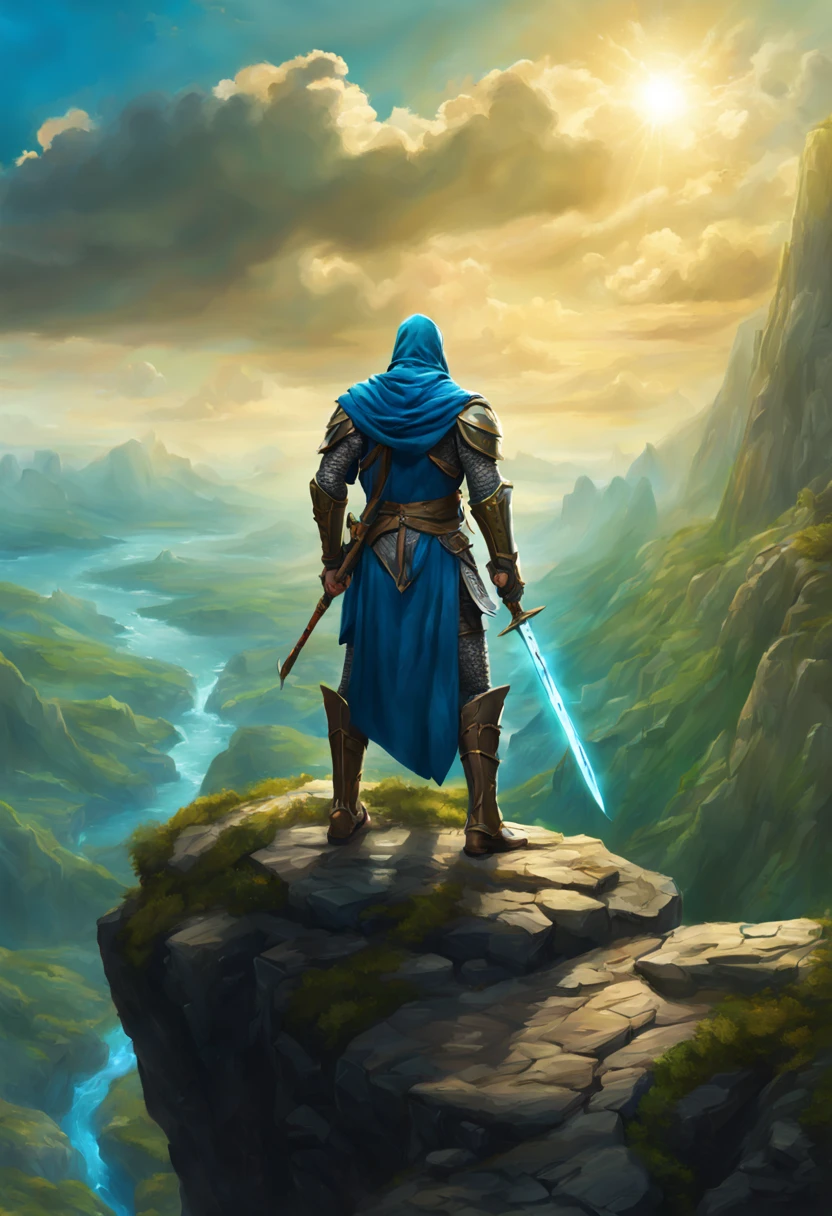 📷 A courageous knight wielding a magical sword stands atop a cliff overlooking a fantastical landscape, medium: hyper-realistic digital painting, style: reminiscent of Wizards of the Coast fantasy art, lighting: rays of sunlight breaking through the clouds, colors: vivid hues of blue, green and gold, composition: painted digitally in Adobe Photoshop with a Cintiq tablet at 8k resolution using custom brushes. The scene depicts an epic quest across a mystical realm.