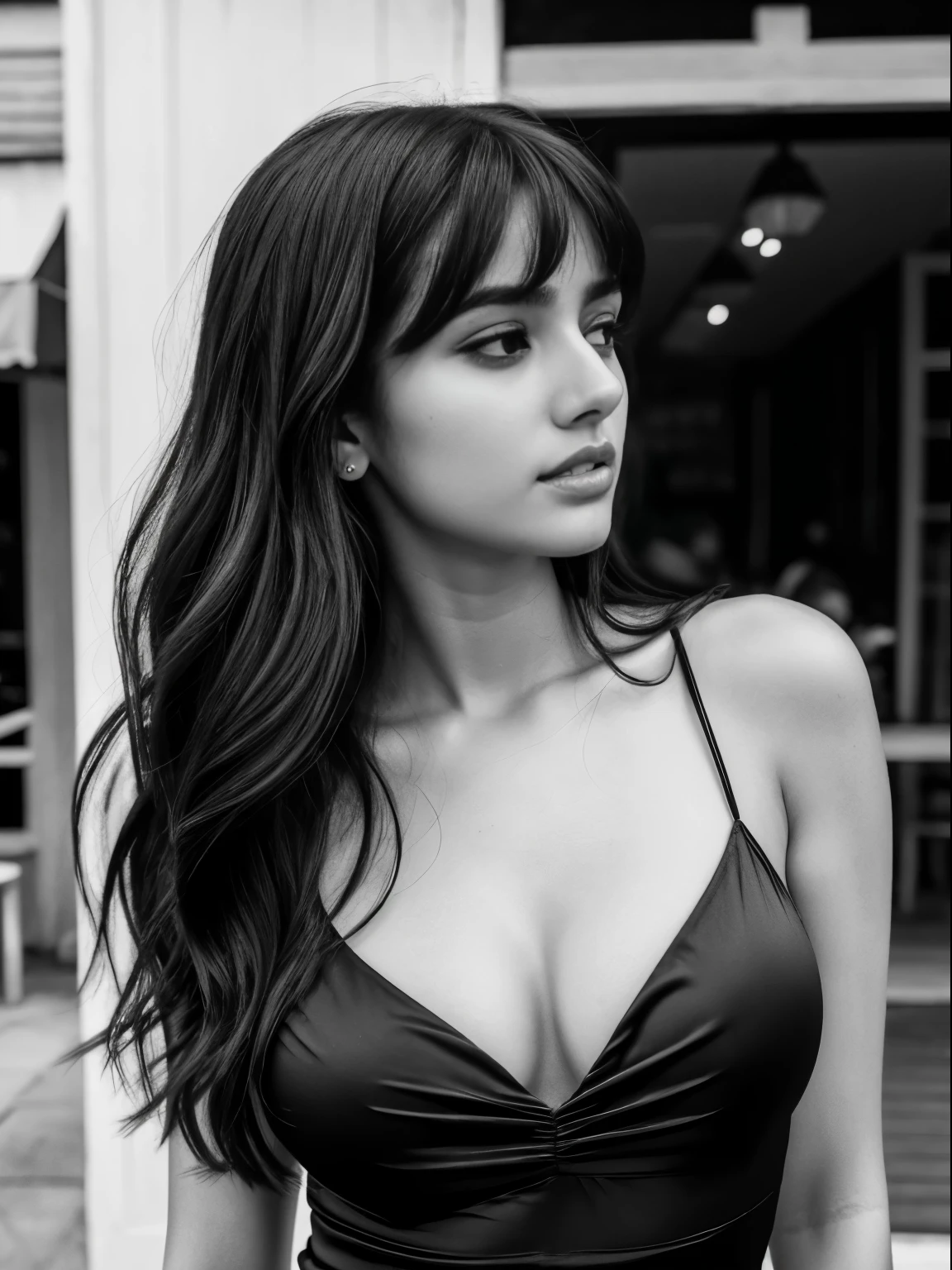 Black and white, cinematic bloom, Raw photo, realistic,girl,Indian girl,age 20, full body, pale skin, body, beautiful face, detailed face, big breasts, upper body, cowboy shot, outdoor, night, restaurant, from front side profile, women wearing black Women wearing Bodycon Dress Sexy Ruched Mini Dress Backless Satin Cami Dress, Curtain bangs hair, font side photo