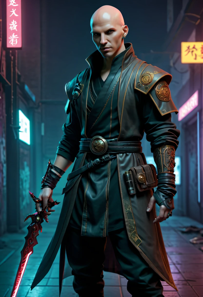 sh4g0d style cyberpunk mage killer，bald，monk