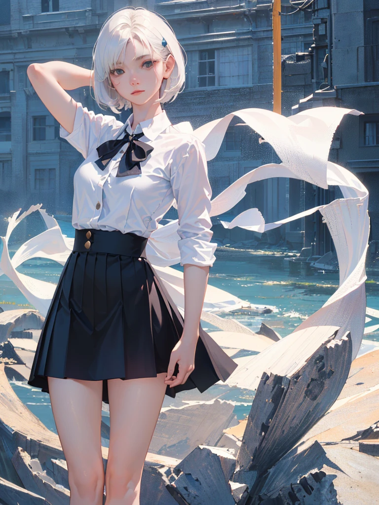 ((best quality, 8k, photorealistic、RAW photo、masterpiece: 1.3)), (1 girl), (alone), (female focus), (ahog, white hair, short hair), black eyes, ((White shirt), (button shirt)), ((black skirt), (short skirt), simple background,Put your arms behind your back,
