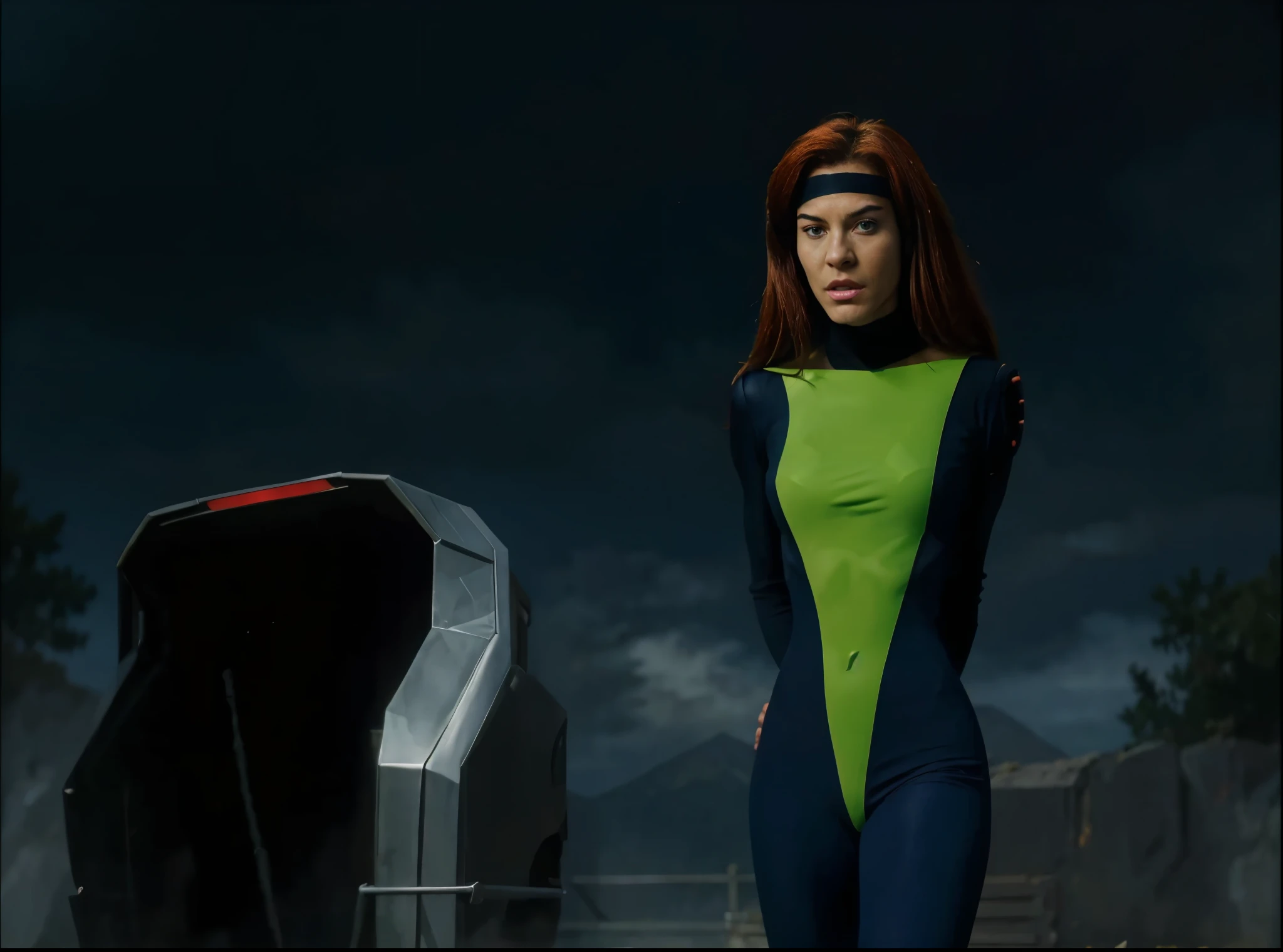 rogue from xmen evolution series, phothotorealistic scene, dramatic, cinematic, 4k resolution, hyperdetailed, front view, close-up,