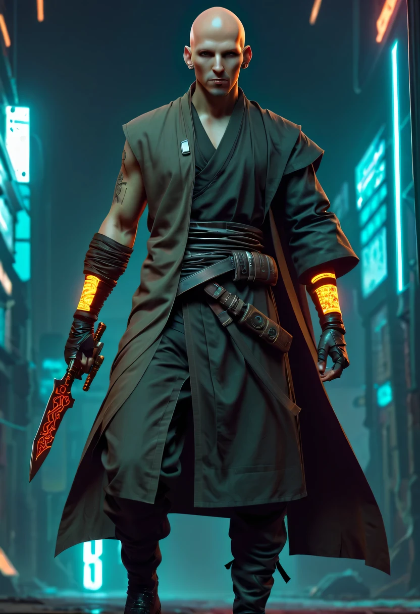 sh4g0d style cyberpunk magic killer,bald,monk