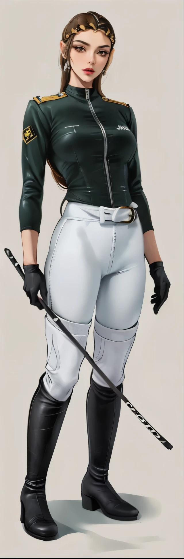 (highest resolution, distinct_image) best quality, a woman, solo, masterpiece, highly detailed, semi realistic, brown hair, bangs, 18 years old, mature, young, pretty, goddess, tall strong,(plain and simple uniform),( plain minimalist military uniform),(luxury hotel room background:1.2), cold, serious, tall, handsome, autocratic, powerful, exquisite facial features, exquisite facial features, (full body)(black knee-high boots:1.6)(dominatrix:0.3)(white Yoga pants:1.3),(black gloves:1.5)(long sleeves:1.2),(active sportswear shirt):1.2,(princess Zelda),solo,1girl,(looking at viewer),(from below:0.8)(head turned upwards:0.3)(smiling:0.4)(bodysuit:0.2)(holding riding crop:1.2)(muscular:0.7),(black belt), (shirt tucked in pants),(standing on ground), (marble floor),pretty,pretty face, seductive, goddess,godlike,superhuman,red lips,