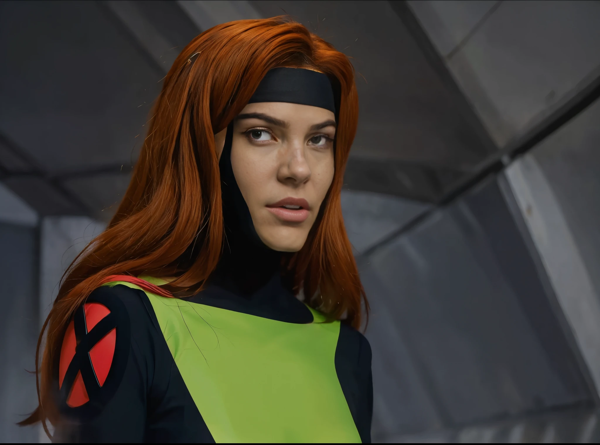 jean grey from xmen evolution series, phothotorealistic scene, dramatic, cinematic, 4k resolution, hyperdetailed, front view, close-up,