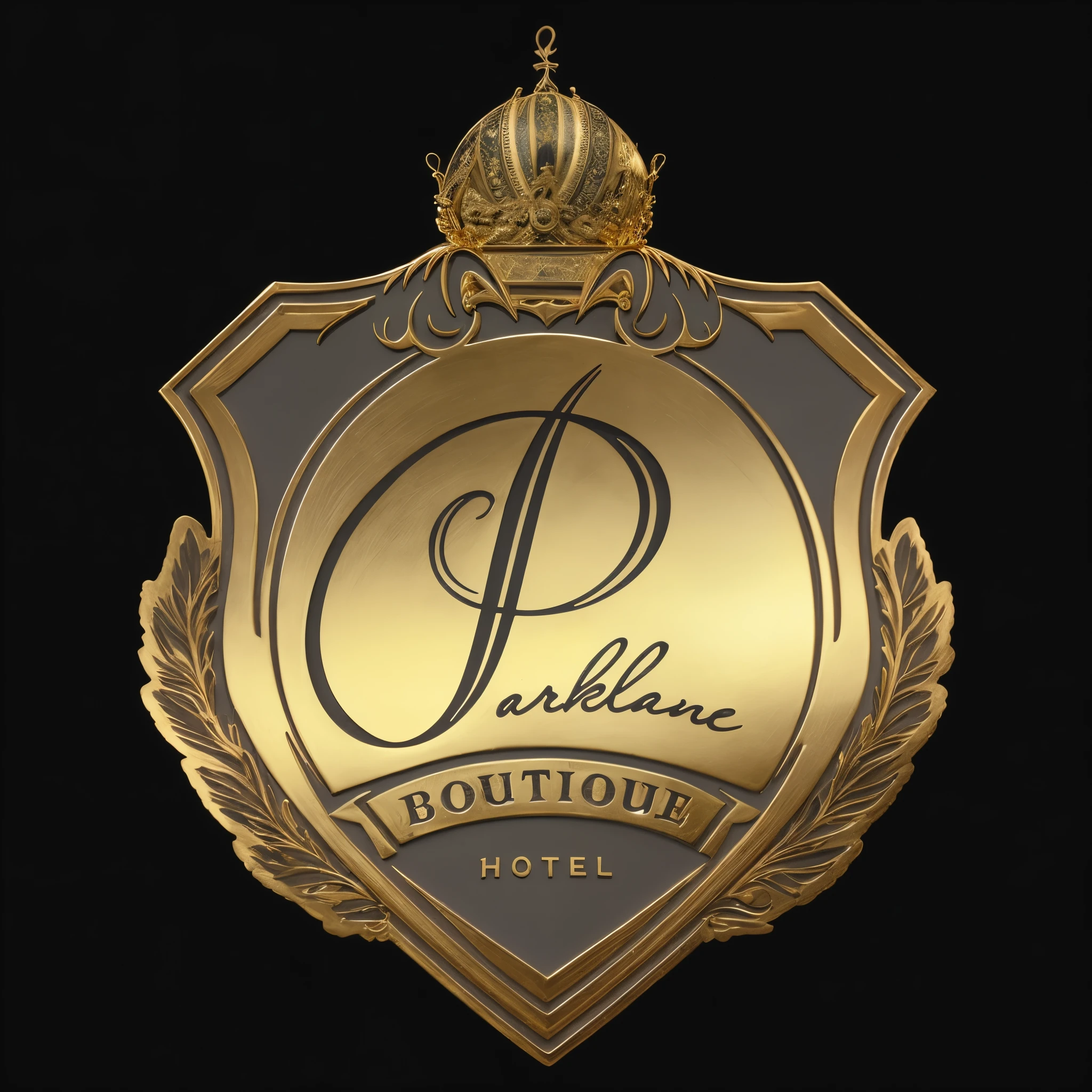 Arafed-Schild mit einer Krone darauf vor schwarzem Hintergrund, business Logo, 3 d Logo, Logo design, Luxusmarke, Logo, Logo, von Jan Verkolje, Pariser Hotelstil, von Petr Brandl, Logotype design, Enjoyment, Jugendstil-Oktanputz, Gold und Luxusmaterialien, Unterschrift, Abzeichen, von Paul Kane