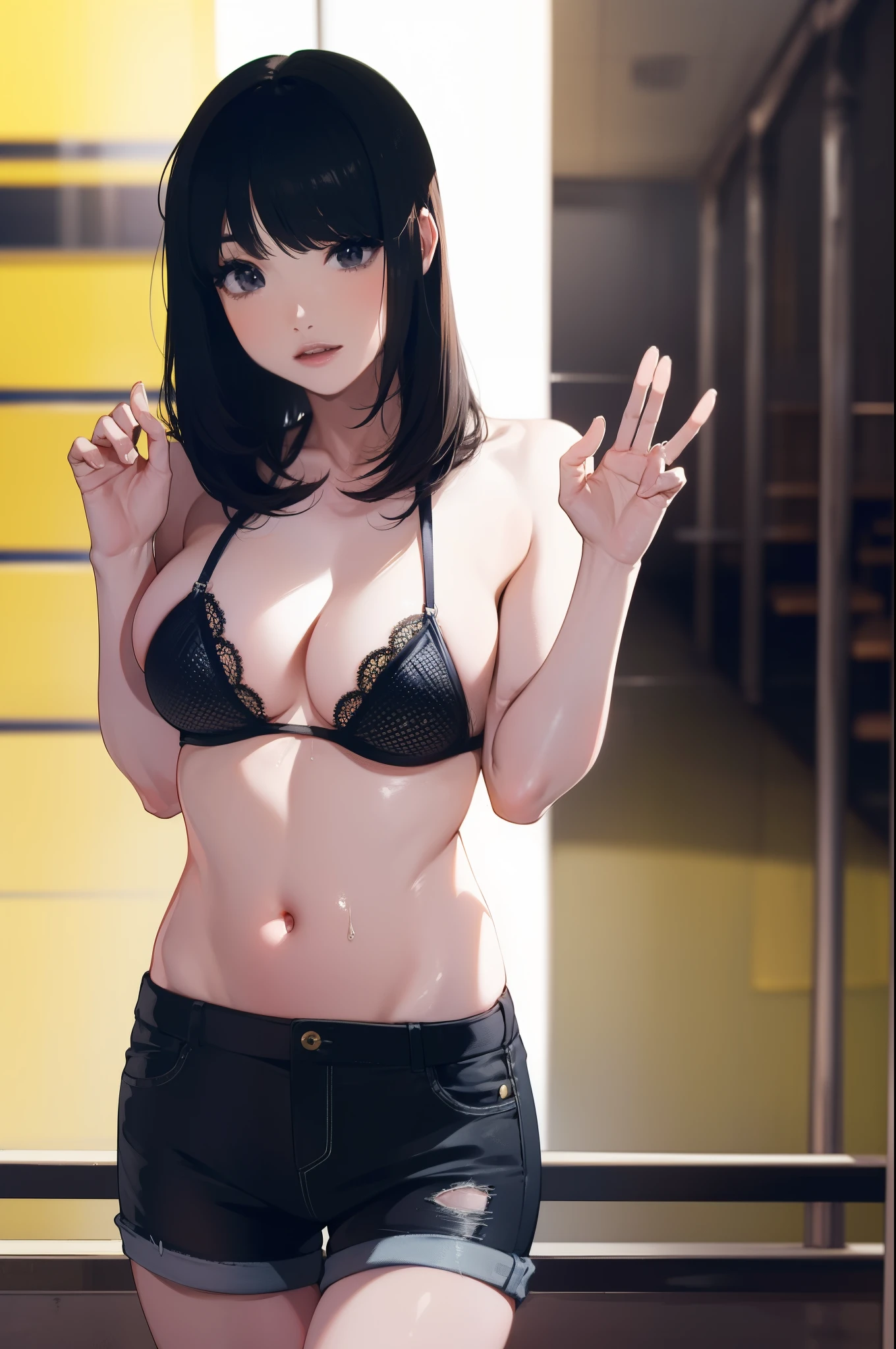 ((Female 22 years old)),((highest quality:1.5)),(((Hands with the correct number and structure of fingers:1.4))),High resolution,Super detailedな,masterpiece,best quality,(eight-headed body),black hair, long term~eyelash, solid circle eye, cast a shadow, atmospheric perspective,Super detailed, Accurate, small breasts,(black jacket and black jeans :1.1),highest quality, blurred background, Bokeh:1.2, (masterpiece:1.3), atmospheric perspective,Super detailed,dynamic composition,