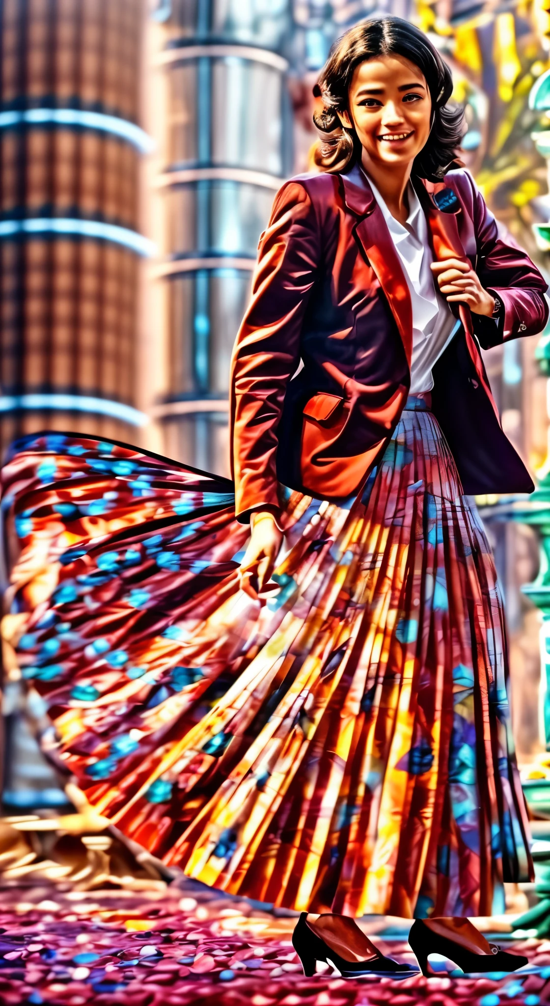 A smiling, authentic, (shy:1,3), kind, beautiful woman, is passionately in love with her skirt, sitting down on the gound while wind lifts her skirt, wearing short blazer and very very detailed (long (fully pleated) full circle skirt) and (low heeled court shoes), very very intricate hyper-detailed symmetric (attractive graceful young feminine face) with (sad, tired eyes and a loving smile), large breasts, full of empathy and compassion and love, (pronounced (feminine) features), (highly detailed ultra accurate realistic) hands and fingers, (windy), epic composition, highly detailed attributes, (35mm f1.4 Kodak portra 400 photograph), extremely high quality RAW photograph, highly detailed atmosphere, sci-fi, cinematic shot, dynamic lighting, 75mm, Technicolor, Panavision, cinemascope, sharp focus, fine details, 8k, HDR, realism, realistic, key visual, film still, superb cinematic color grading, depth of field