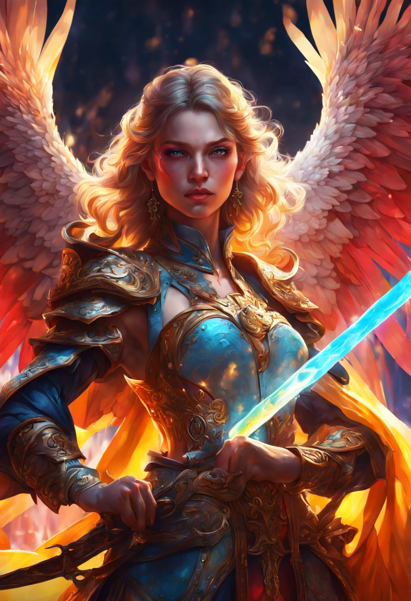 ((Fantasy realism colorful vivid neon lighting)) ((((artist name)))), Hero of Another World/异世界的英雄/異世界の英雄, Medieval fantasy style, highly detailed character, vogue runway fashions details, centre figure, magic, sword, battle, fire, wings, heroism, victory, cinematic environment, ((octane render)), 8k, vivid colors, finely detailed painting by artgerm and greg rutkowski and alphonse mucha