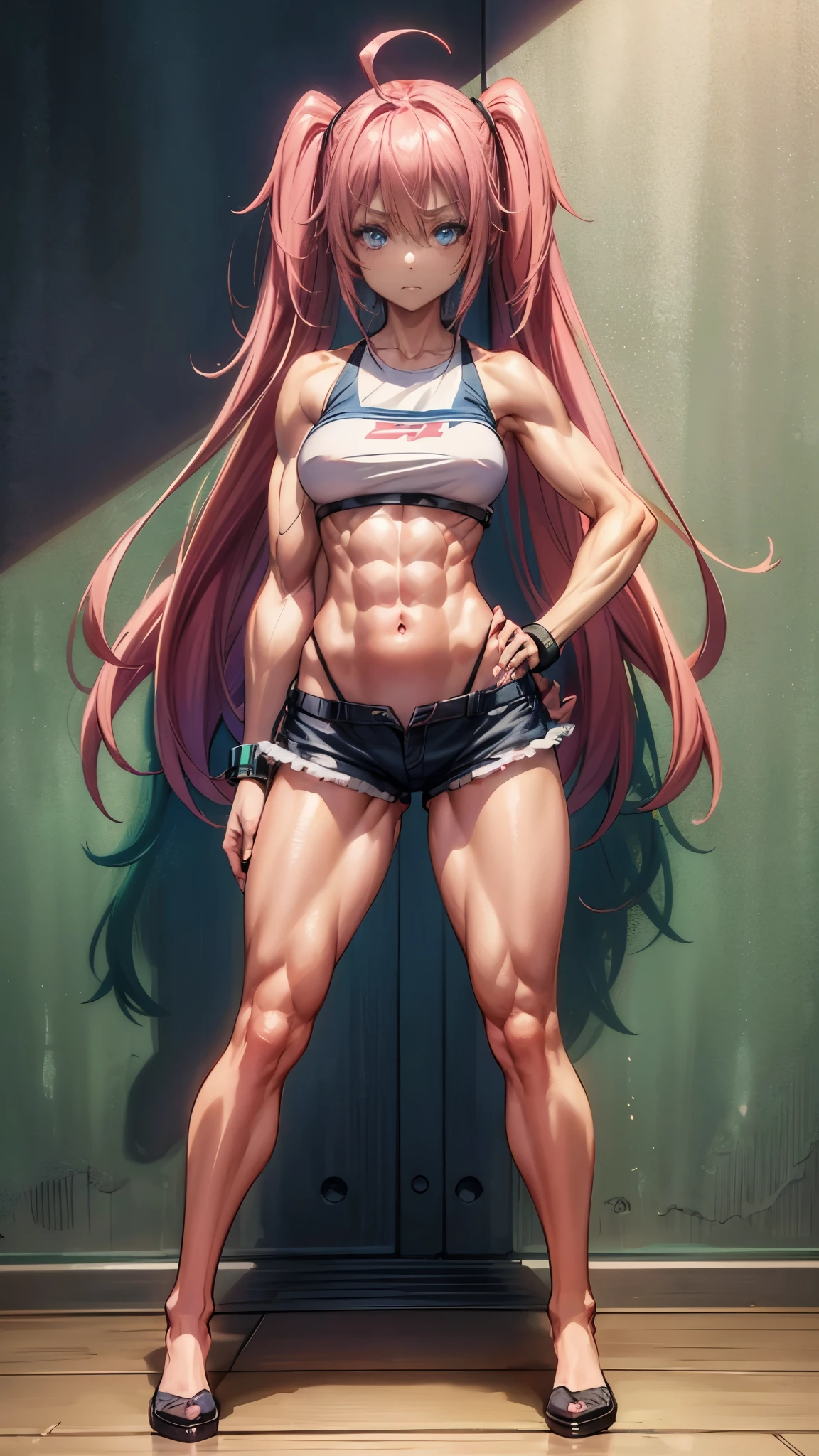 1 girl, medium breasts, (wearing short and very sexy bikini), (Long pink hair), (((blue eyes))), thin arms, (in the motel room), (thin waist), (((muscular legs ) ))), muscular belly, wearing a red high-heeled shoe, (((Standing))), (twins), long eyes, Bad mood, eye reflection, anime, anime style, ray tracing, reflection, shadow designed, panorama, Sony FE, 8K, UDisk, artwork, Accurate, anatomically correct, Super detail, best quality, ultra-high resolution, hard drive, 16K