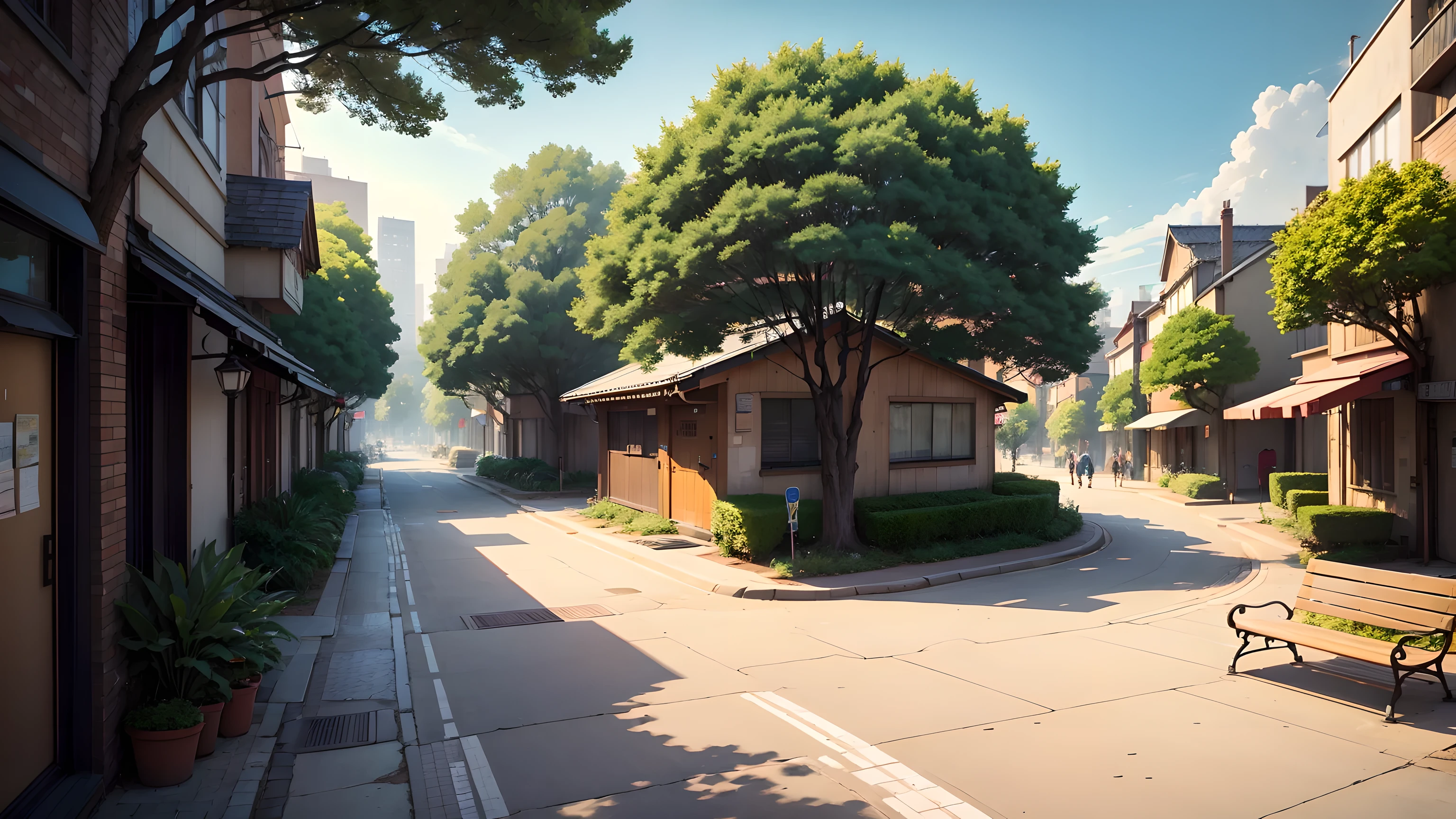 Putdors, anime city street scene, bench and trees in the foreground, cityscape, beautiful landscape