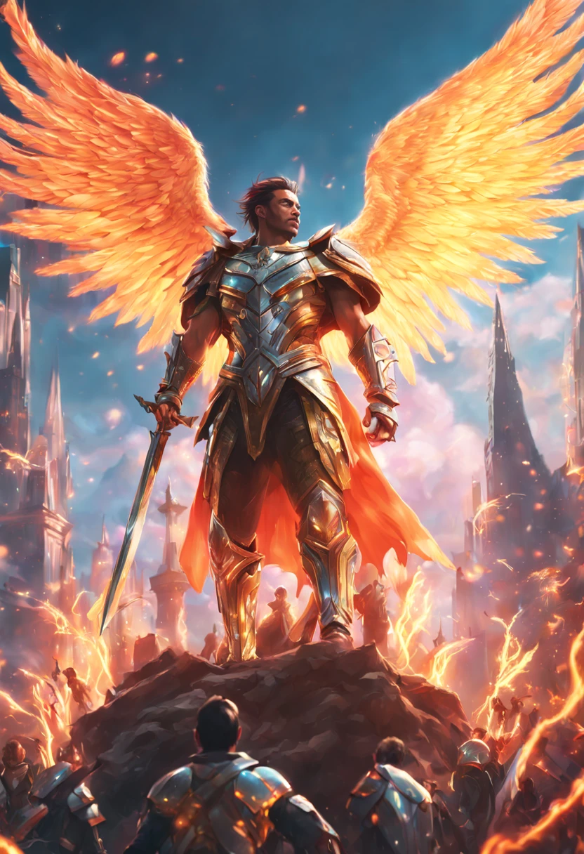 A highly detailed digital art illustration of a mighty hero standing victorious over a fiery fantasy battle scene, with large outstretched angel wings, wearing exquisite neon colored armor, holding a glowing futuristic sword high to the skies, celebrating triumph over evil forces, rendered in Unreal Engine 5 with volumetric lighting, Depth of Field blur, 8K Resolution.
((35mm lens)), cinematic lighting, dramatic low angle view looking up at the hero, extremely detailed, illustration by artgerm, loish, rossdraws