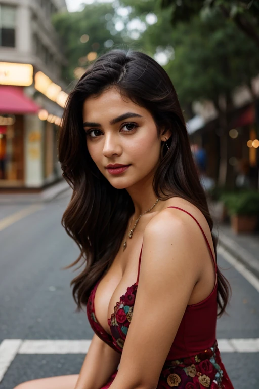 Beautiful ,23 years young girl,confident looking,8k,realistic,dark brown hair,fair skin, indian,long hair,clear facial features, showing cleavage, wearing frok, nose ring, beautiful rainbow color dress and mall and hairs on face make it seductive effect, full body picture, red rose lips