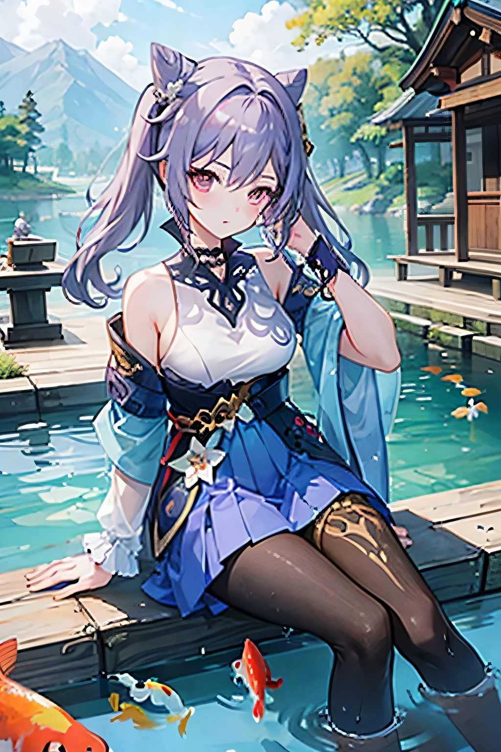 1girl, looking at the viewer, water, pond, lake, shrine, koi