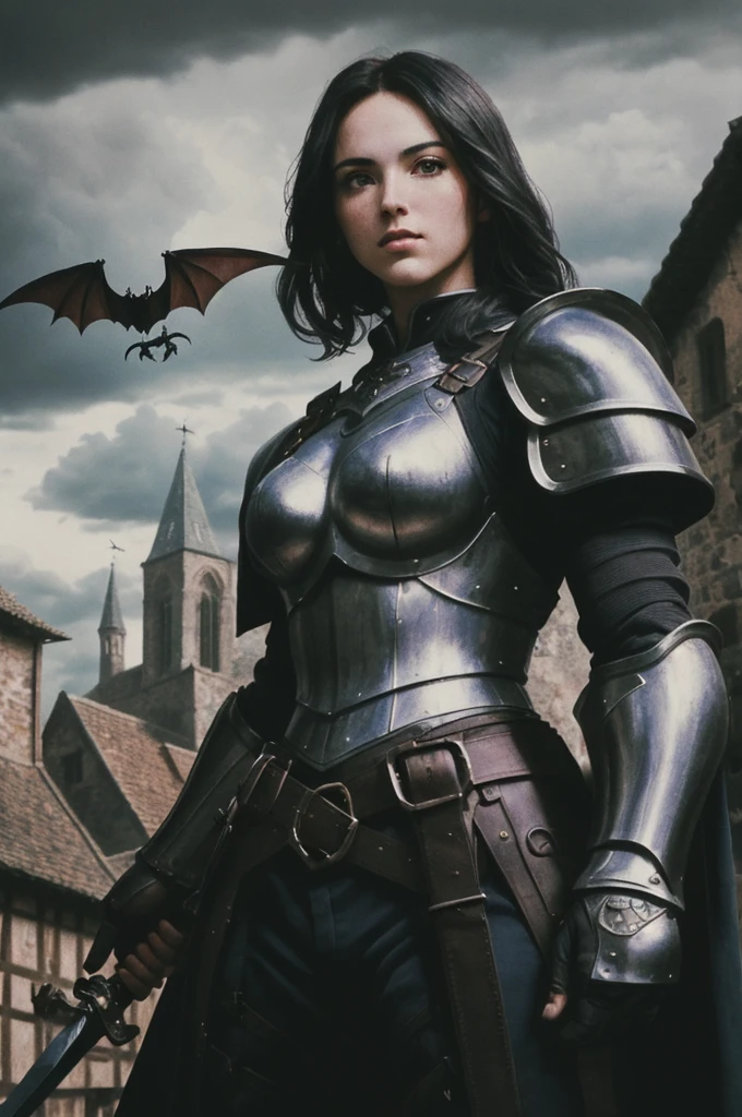 western shooting, from below, ((best quality)), ((masterpiece)), (detailed), perfect face shape, Medieval town in the background, Dark clouds in the sky, Bats fly around, In the foreground is a muscular swordswoman, carry shield, Armor is metallic black, ((best quality)), ((masterpiece)), (detailed), perfect face shape