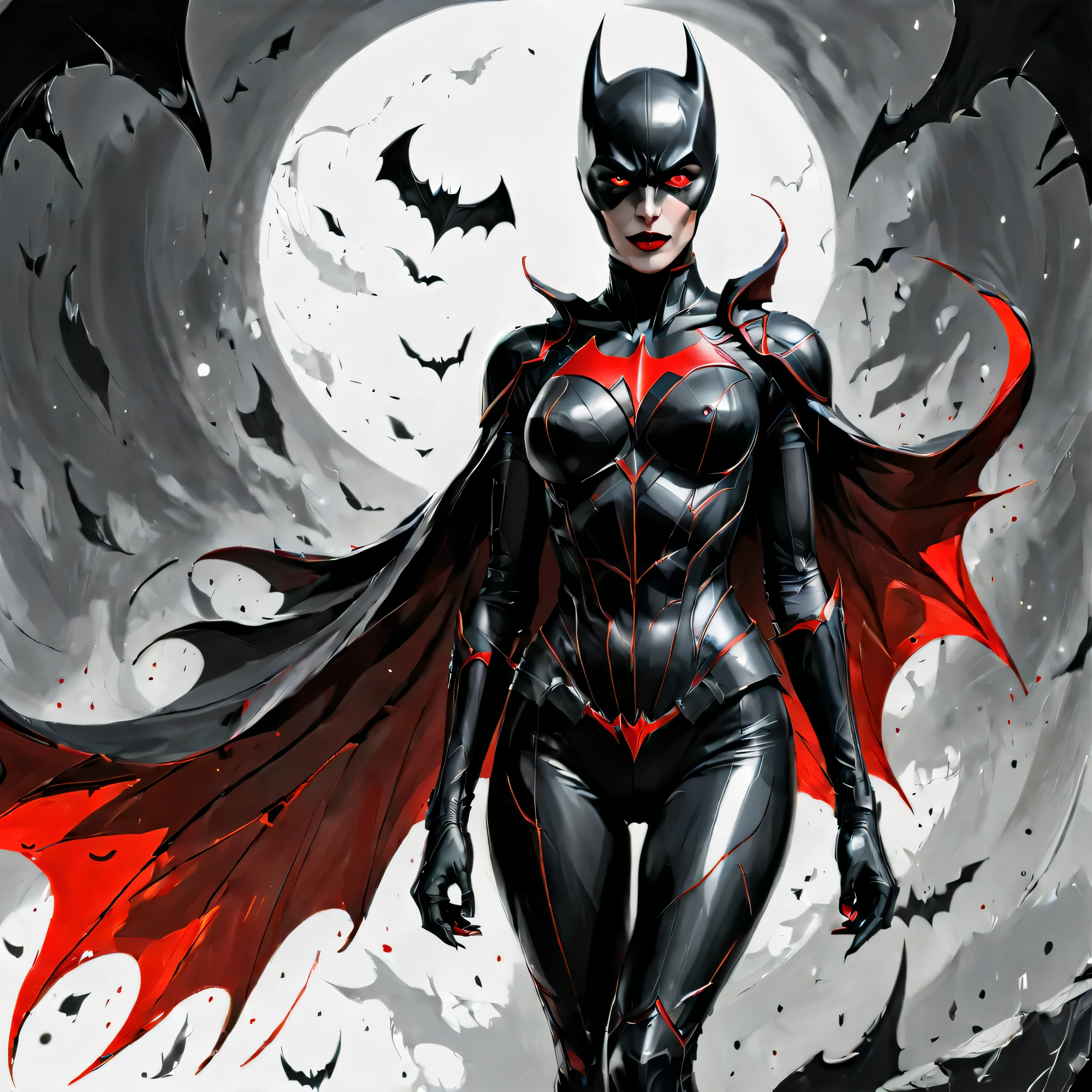 ((Full body):1.2),((Selective color):1.1), Drawing of a Female Vampire in Batgirl Costume with Red Eye, smooth lines, fine art piece, Express expressions and postures through ink contrast, emphasize light, shadow and space. figurative art, (best quality, 4K, 8k, high resolution,masterpiece:1.2) ,(actual, photoactual, photo-actual:1.37). 