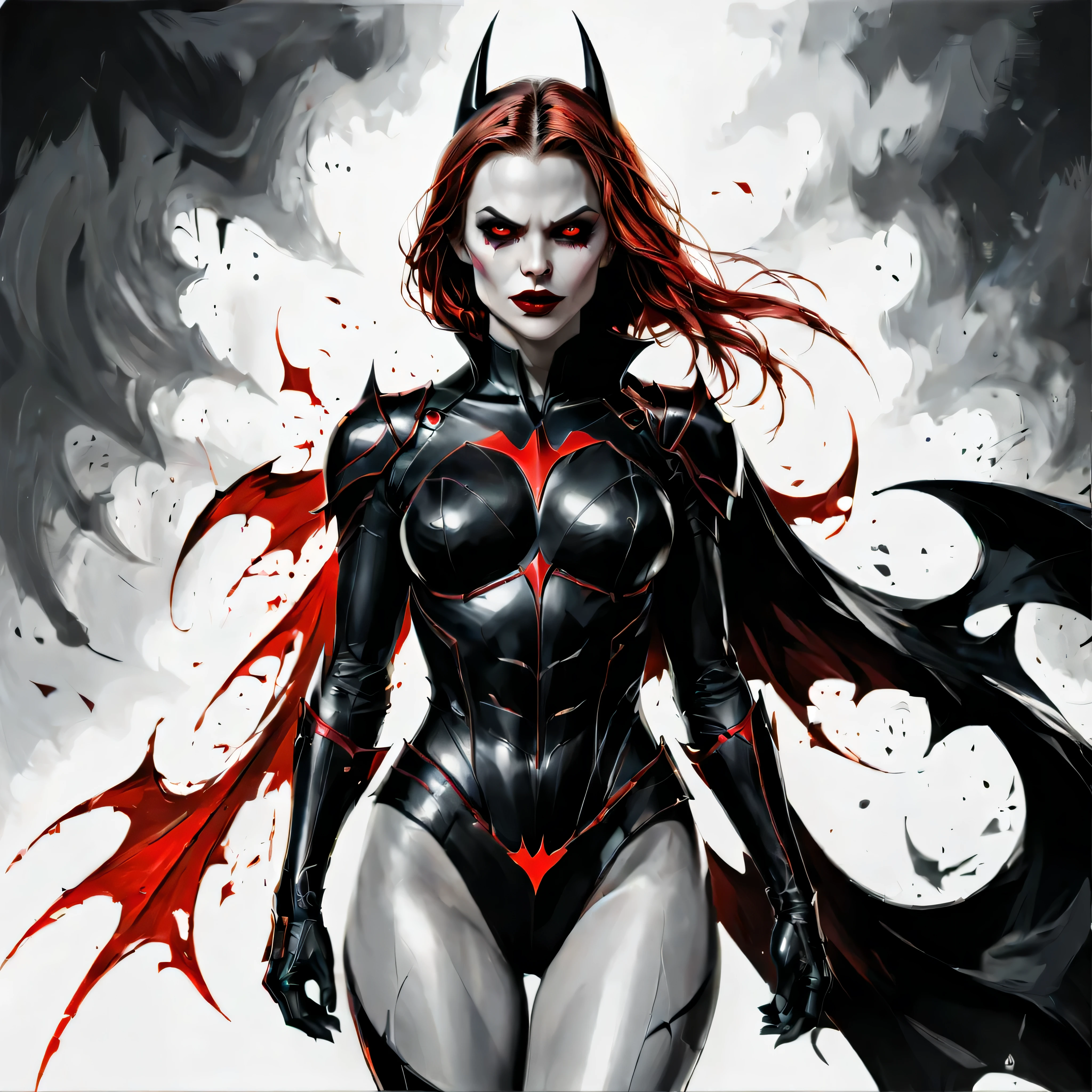 ((Full body):1.2),((Selective color):1.1), Drawing of a Female Vampire in Batgirl Costume with Red Eye, smooth lines, fine art piece, Express expressions and postures through ink contrast, emphasize light, shadow and space. figurative art, (best quality, 4K, 8k, high resolution,masterpiece:1.2) ,(actual, photoactual, photo-actual:1.37). 