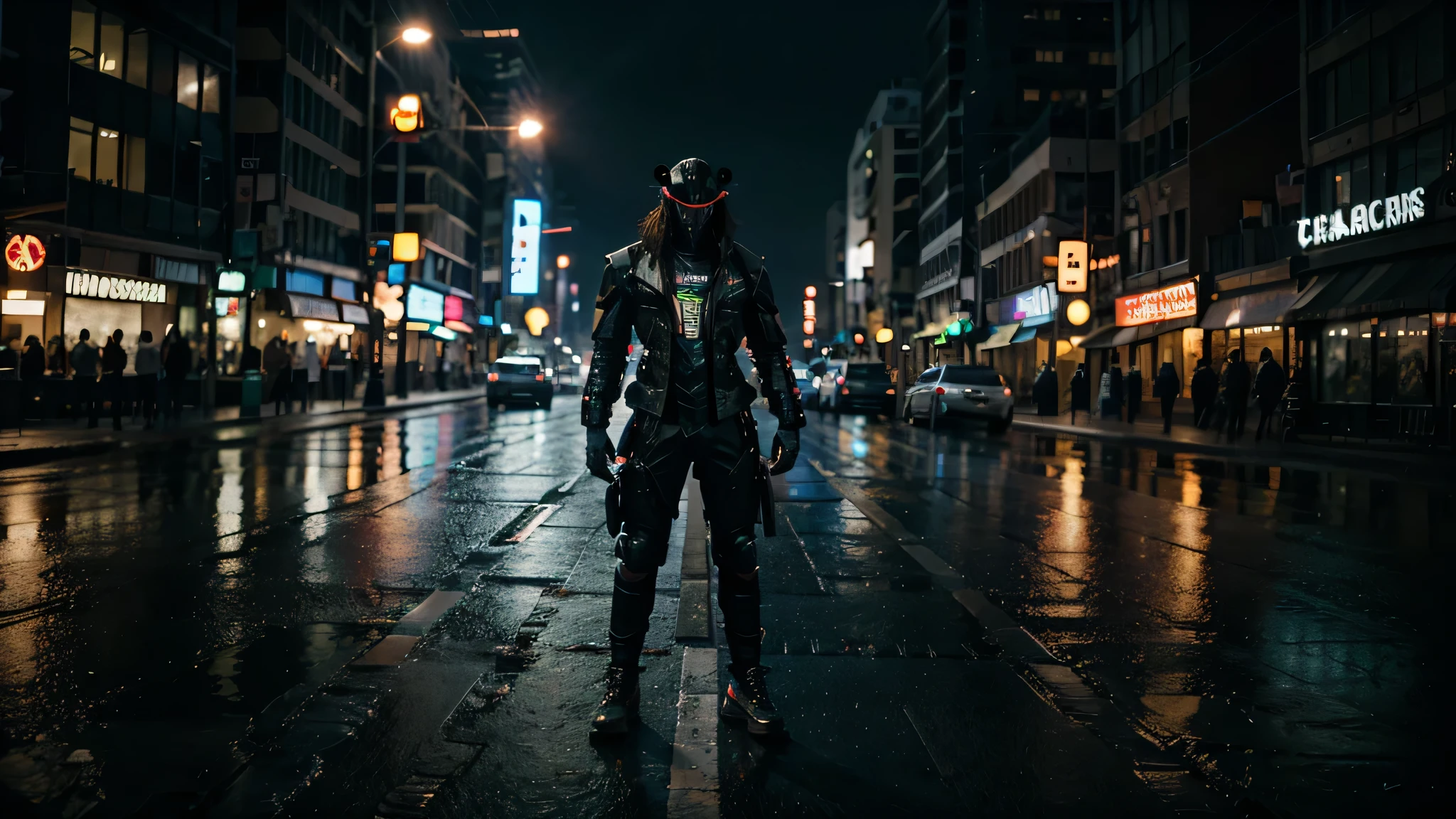 cyberpunk, city, Cyborgs, robots, skyscrapers, wet asphalt, road, neon, rain