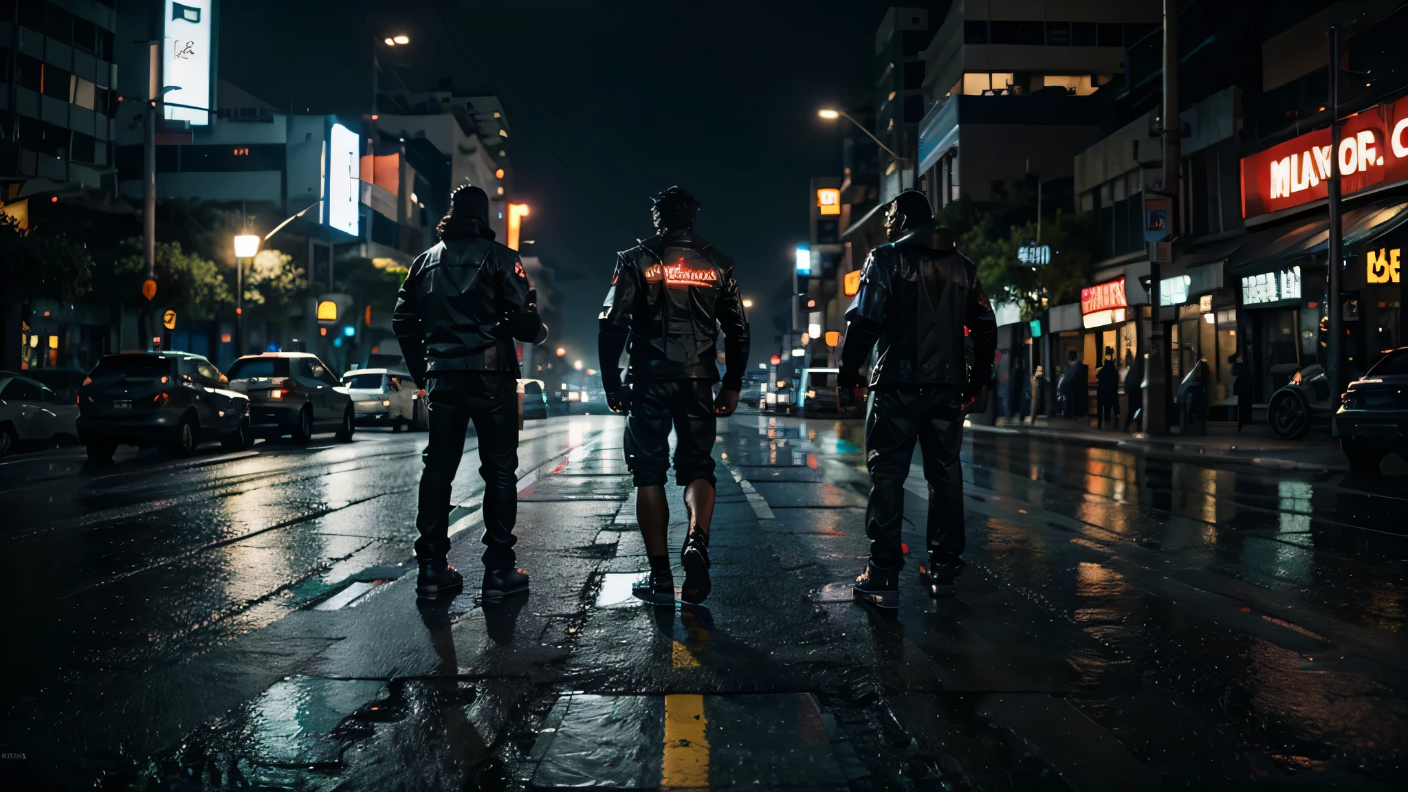 cyberpunk, city, Cyborgs, robots, skyscrapers, wet asphalt, road, neon, rain