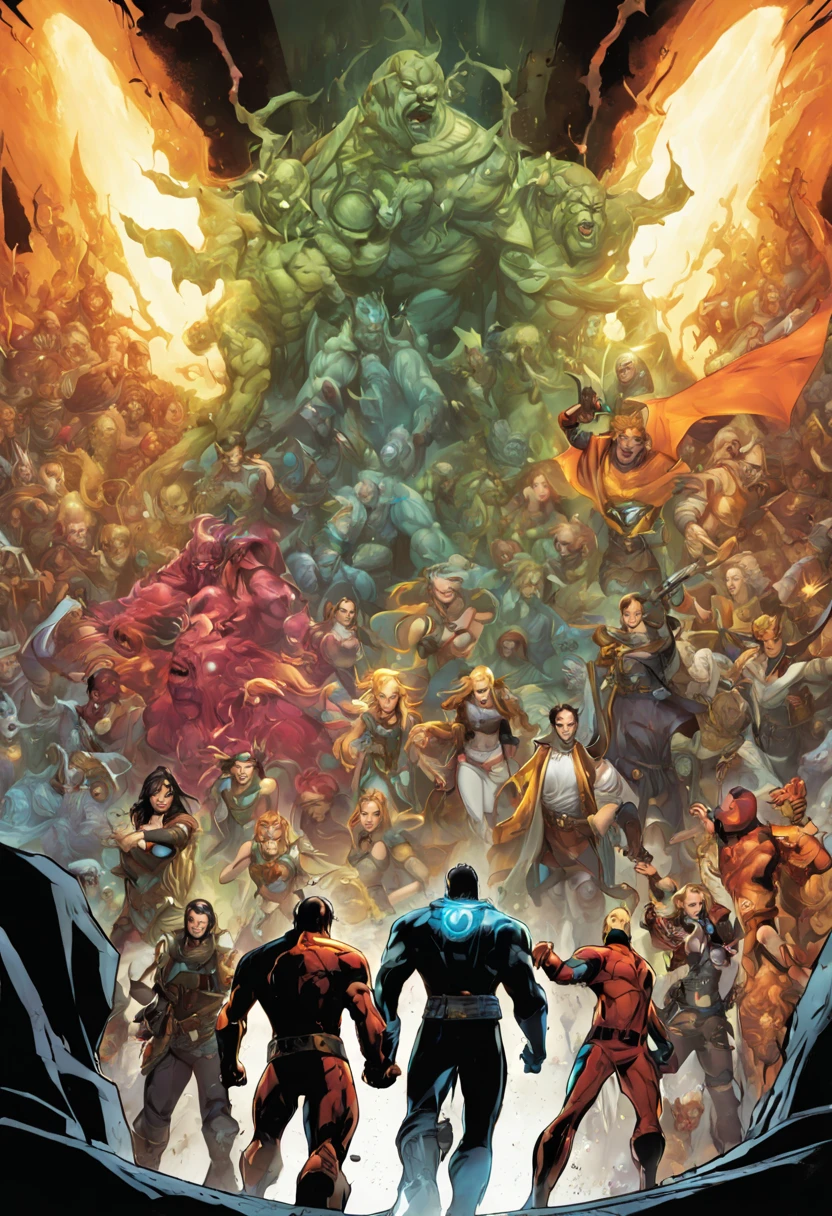 "Type of Image: Comic book cover, Subject Description: A group of heroes from various realms gathered around a mystical portal, preparing to enter another world, Art Styles: Western comic style, Art Inspirations: Art Station and Marvel Comics, Camera: wide angle lens, Shot: panoramic, Render Related Information: Quantum wavetracing, high contrast with dynamic shadows, color splash effect highlighting the portal"