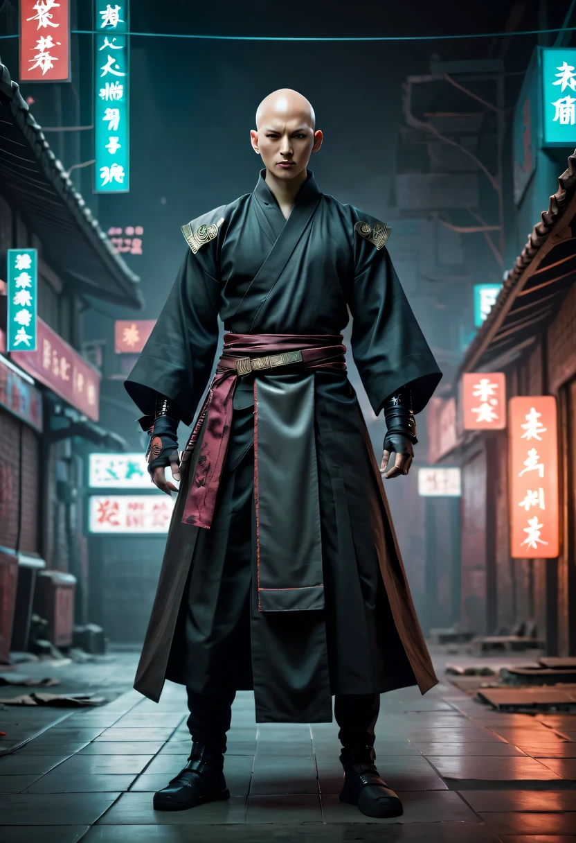 sh4g0d style cyberpunk magic killer，bald，monk，Hanfu，martial arts