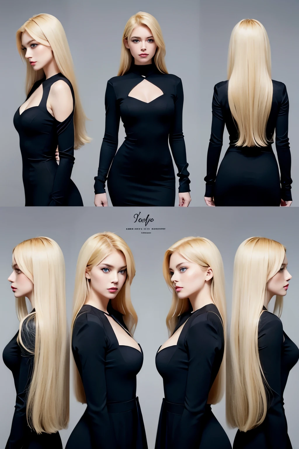 pose model sheet, blonde, blue eyes, black dress, hero pose, looking forward, best quality, masterpiece.