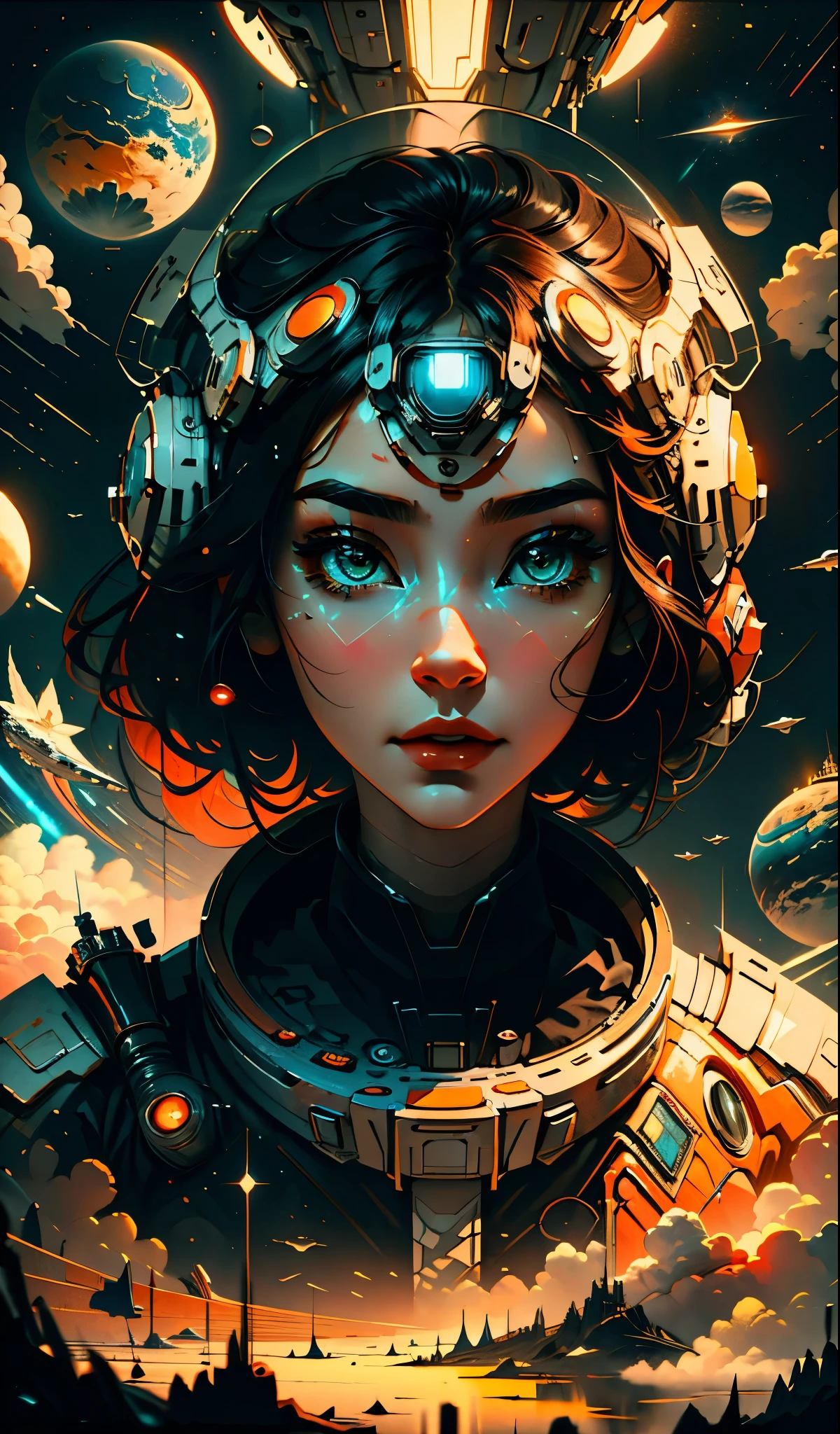 masterpiece, best quality, 1girl, space thriller movie poster, Bauhaus, shapes, lines, abstract, wearing Vision Pro goggles