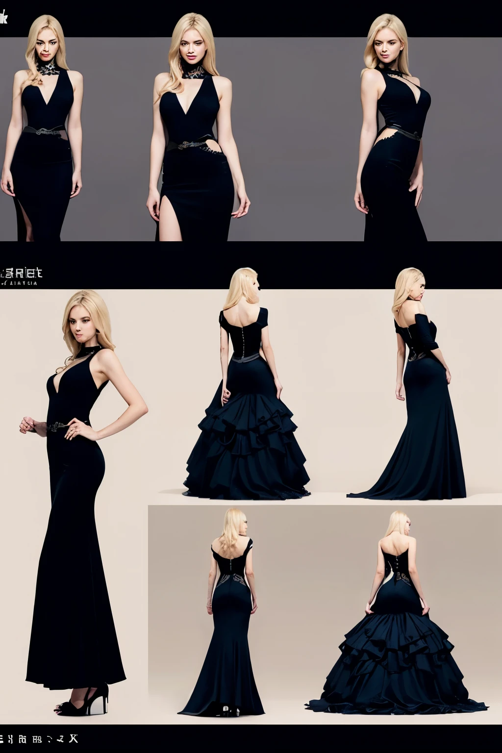 pose model sheet, blonde, blue eyes, black dress, hero pose, looking forward, best quality, masterpiece.