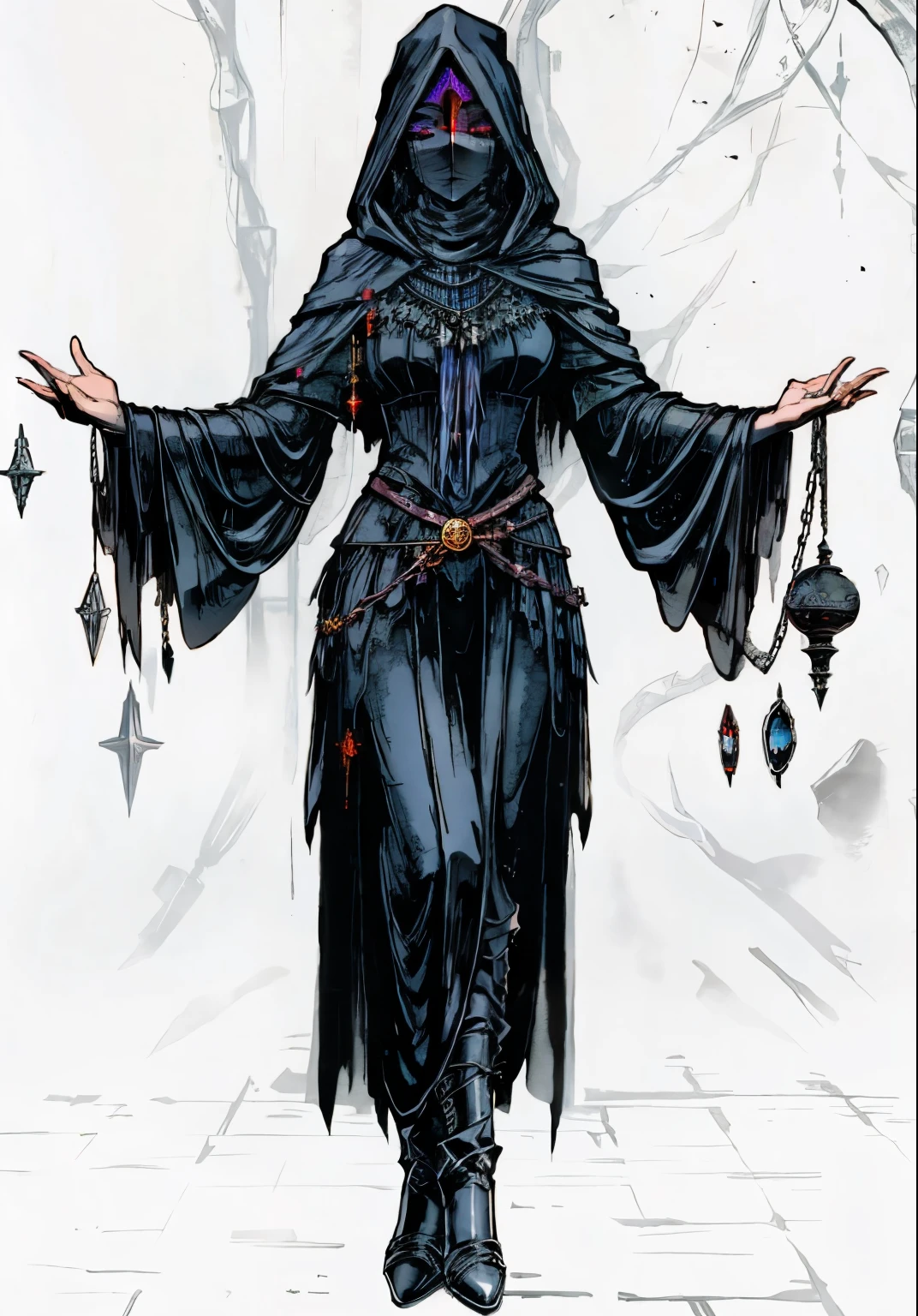 arafed woman in a black dress with a hood and chains, dark fantasy female magician, mighty plump female sorceress, dark sorceress full view, sorceress woman, sorceress, dark sorceress, necromancer sorceress, a beautiful sorceress, beautiful female sorceress, dark sorceress fullbody pose