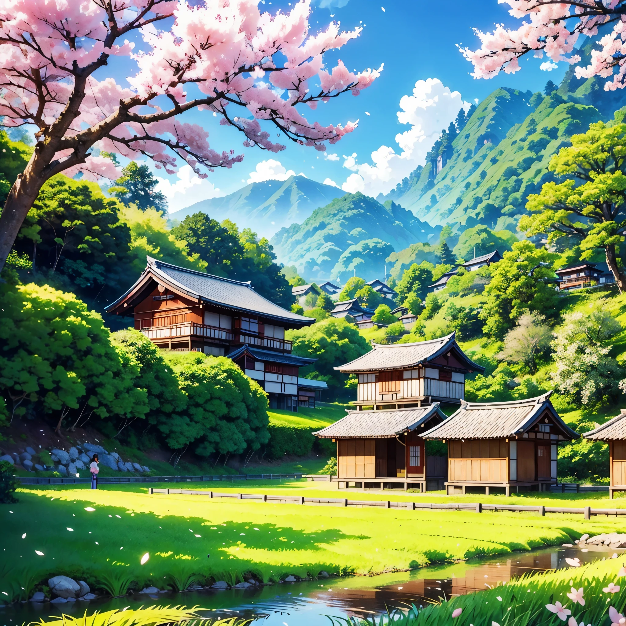"Produce an AI-generated anime scene showcasing a quaint Japanese village nestled between rolling hills and lush greenery. Highlight a picturesque rice field surrounding a majestic cherry blossom tree at the heart of the village. Capture the tranquility and simplicity of rural life, with a touch of traditional charm." no human