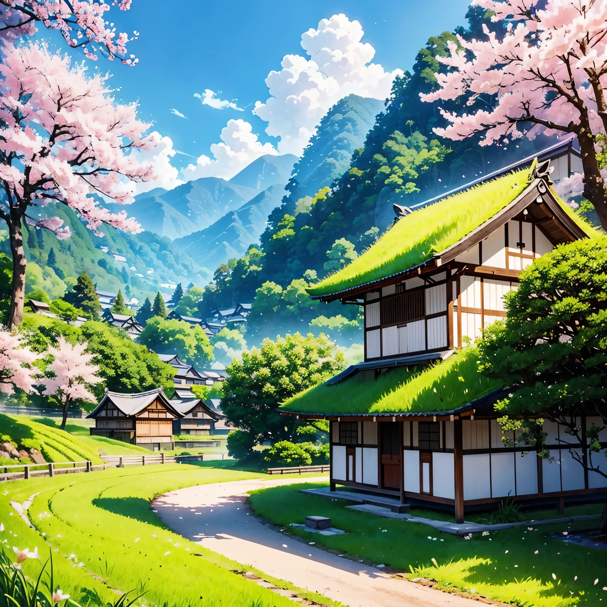 "Produce an AI-generated anime scene showcasing a quaint Japanese village nestled between rolling hills and lush greenery. Highlight a picturesque rice field surrounding a majestic cherry blossom tree at the heart of the village. Capture the tranquility and simplicity of rural life, with a touch of traditional charm." no human