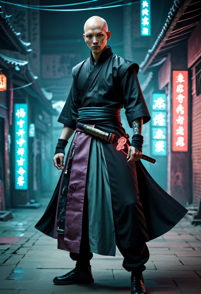 sh4g0d style cyberpunk magic killer,bald,monk,Hanfu,martial arts
