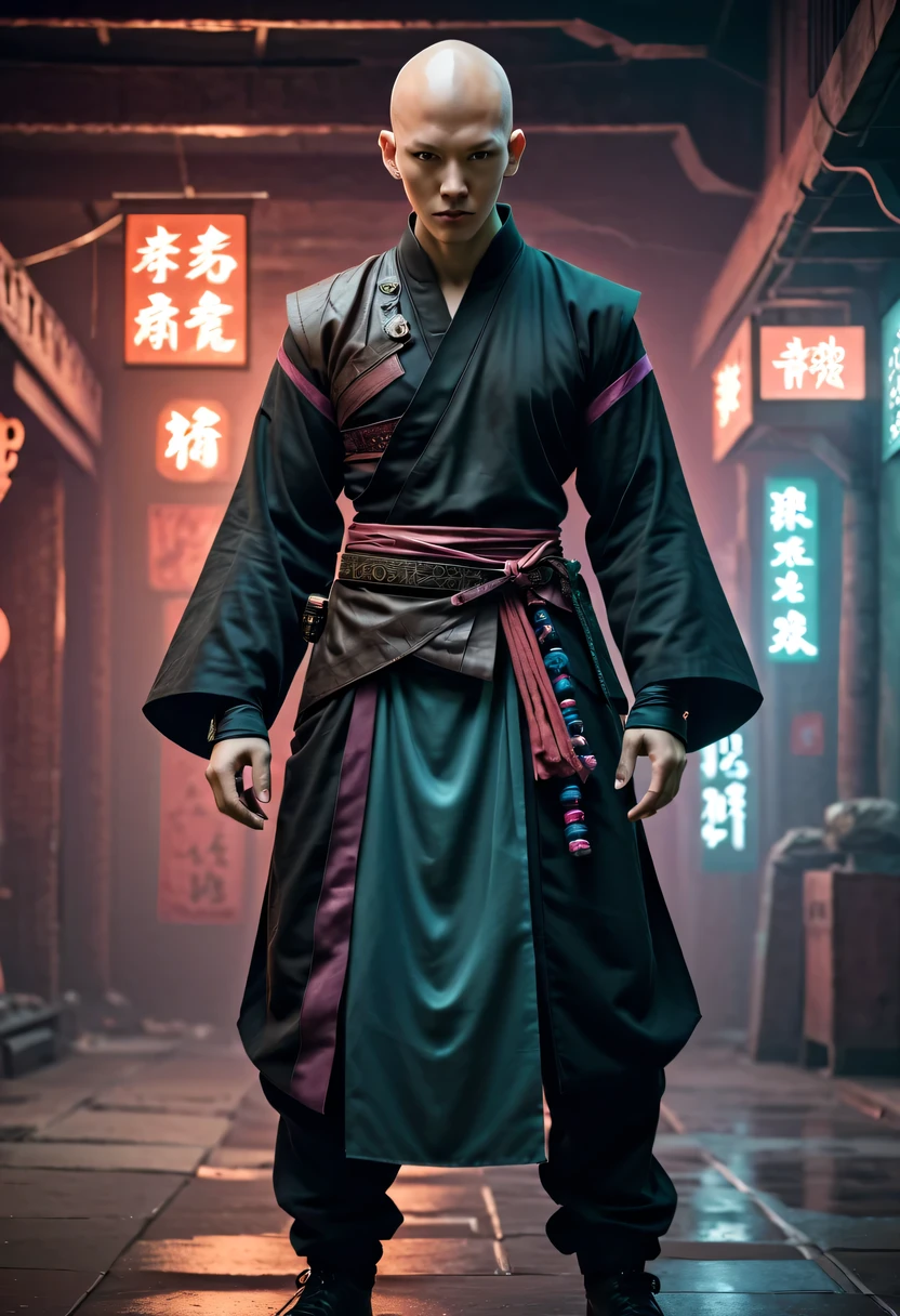 sh4g0d style cyberpunk magic killer,bald,monk,Hanfu,martial arts