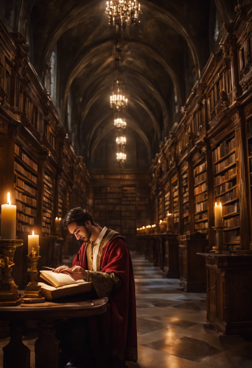 Prompt #3:
A quiet moment captured in a hyper-realistic portrait, the otherworldly hero reading ancient tomes in a grand library filled with arcane artifacts, soft lighting highlighting the intricate details of their attire, Nikon D3, Focal length 50mm